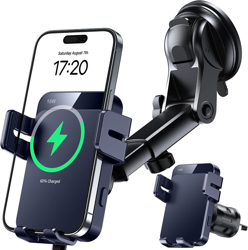 Carregador sem fio automotivo MOKPR de 15 W com suporte de fixação automática, ventosa e clipe para saída de ar