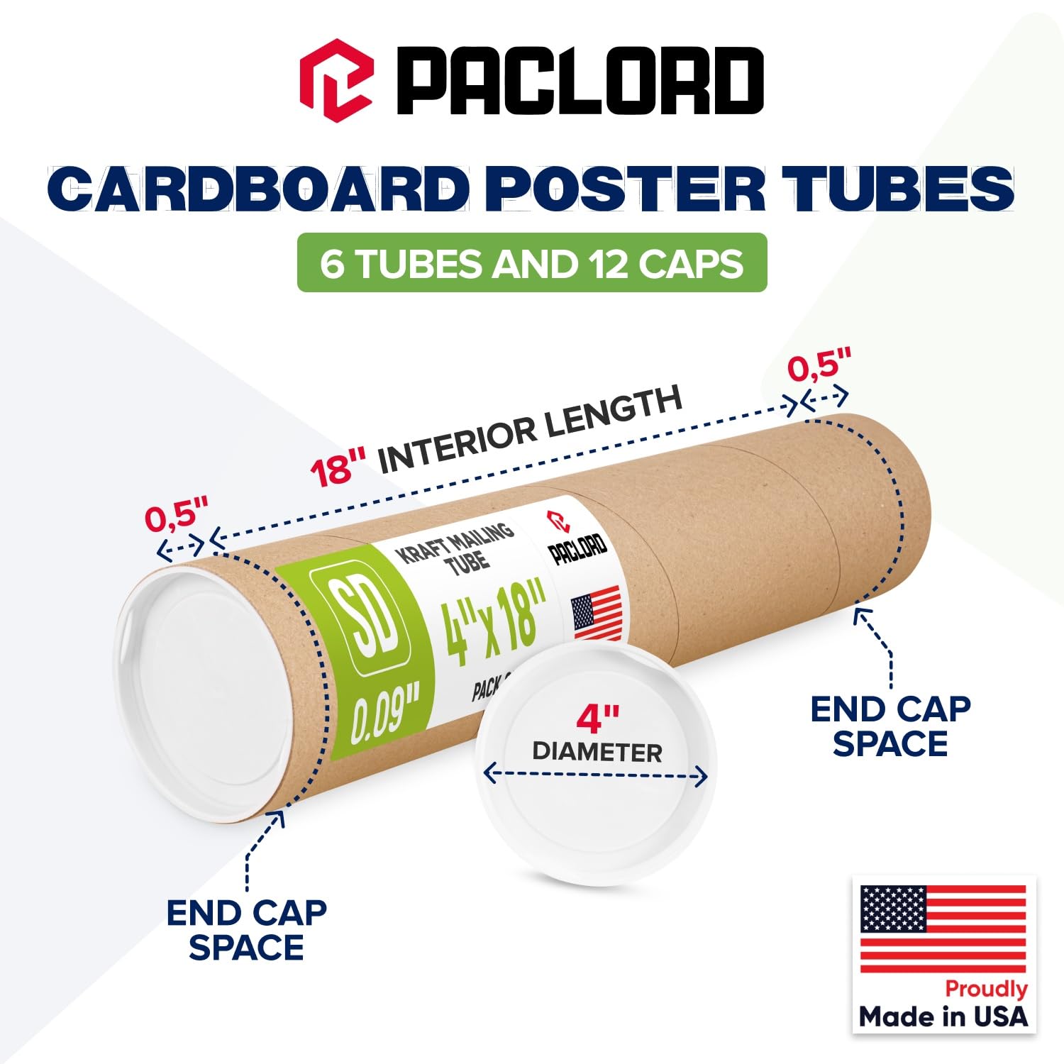 Tubo postale in carta kraft rinforzata, 10,2 x 45,7 cm, confezione da 6 tubi con 12 tappi, tubo per poster sicuro approvato USPS, tubo di cartone per spedizione e conservazione di poster