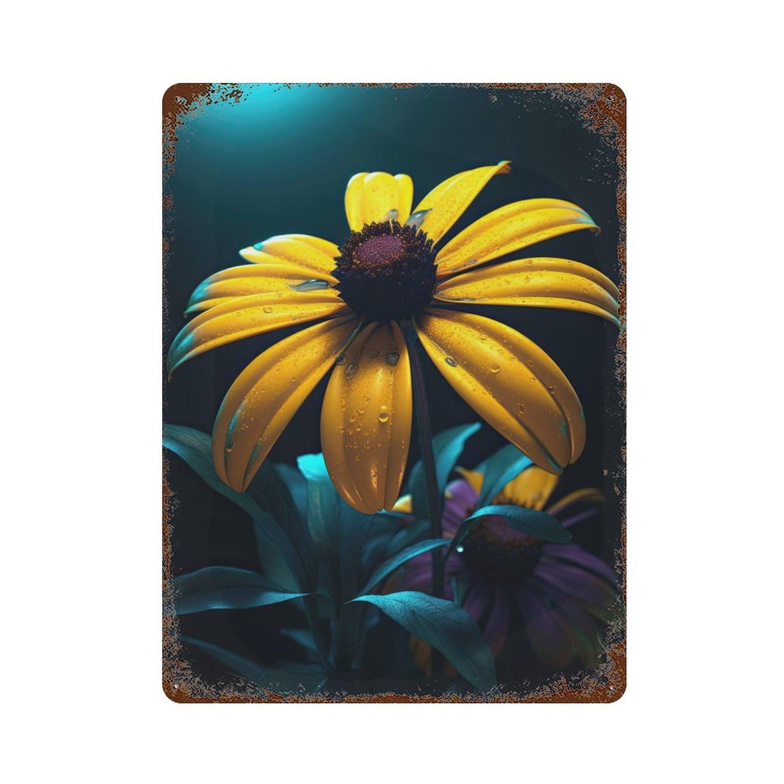 Garage Style Black Eyed Susan Aged Metal Wall Plaque 15.7"x11.8", Farmhouse Wall Decor for Bar And Workshop