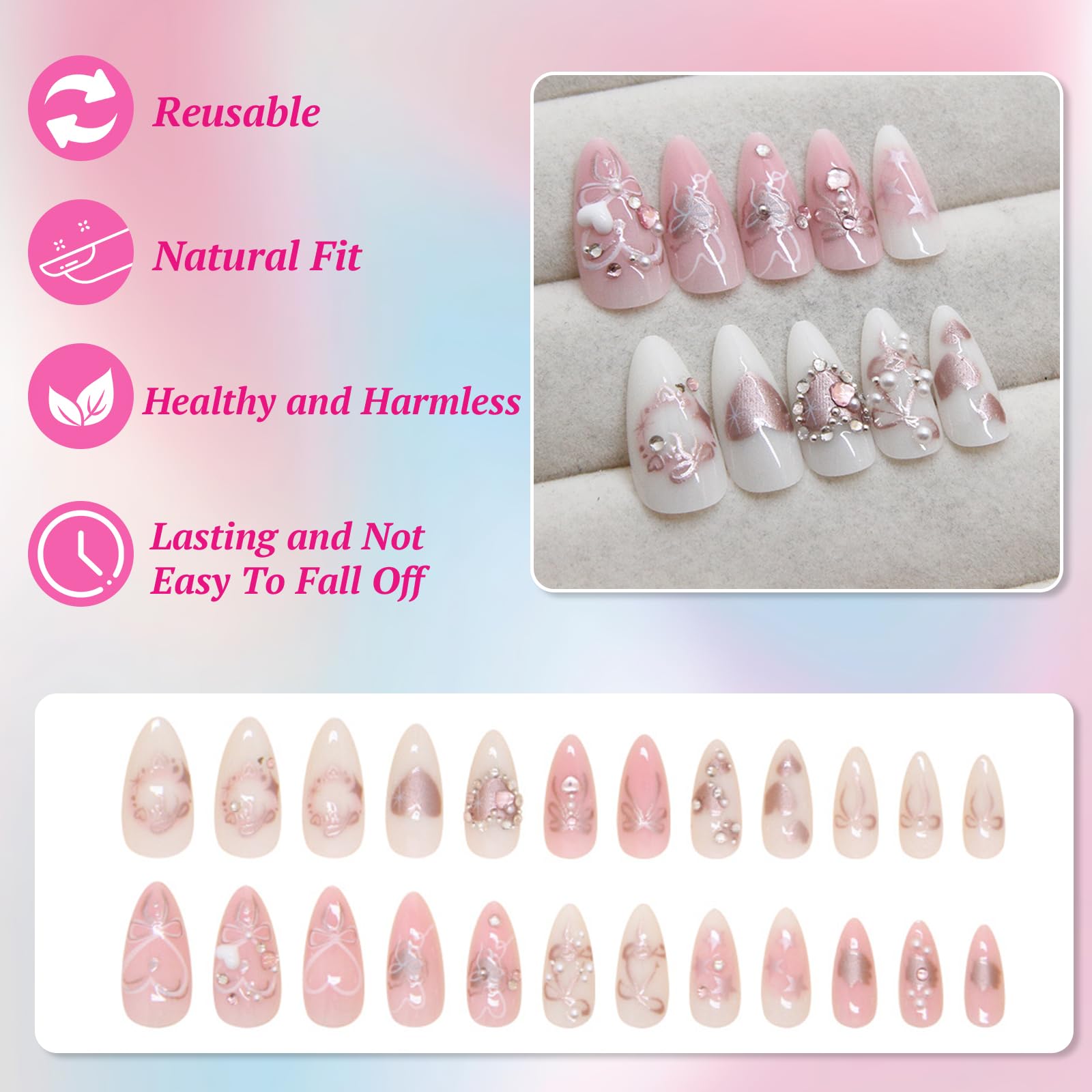 Pink French Tip Press on Nails with Charms Medium Almond Fake Nails with 3D Pearl Rhinestones Designs Cute Bow Acrylic Full Cover Glossy Stick on False Nails Manicure Kits for Women 24Pcs - Image 2