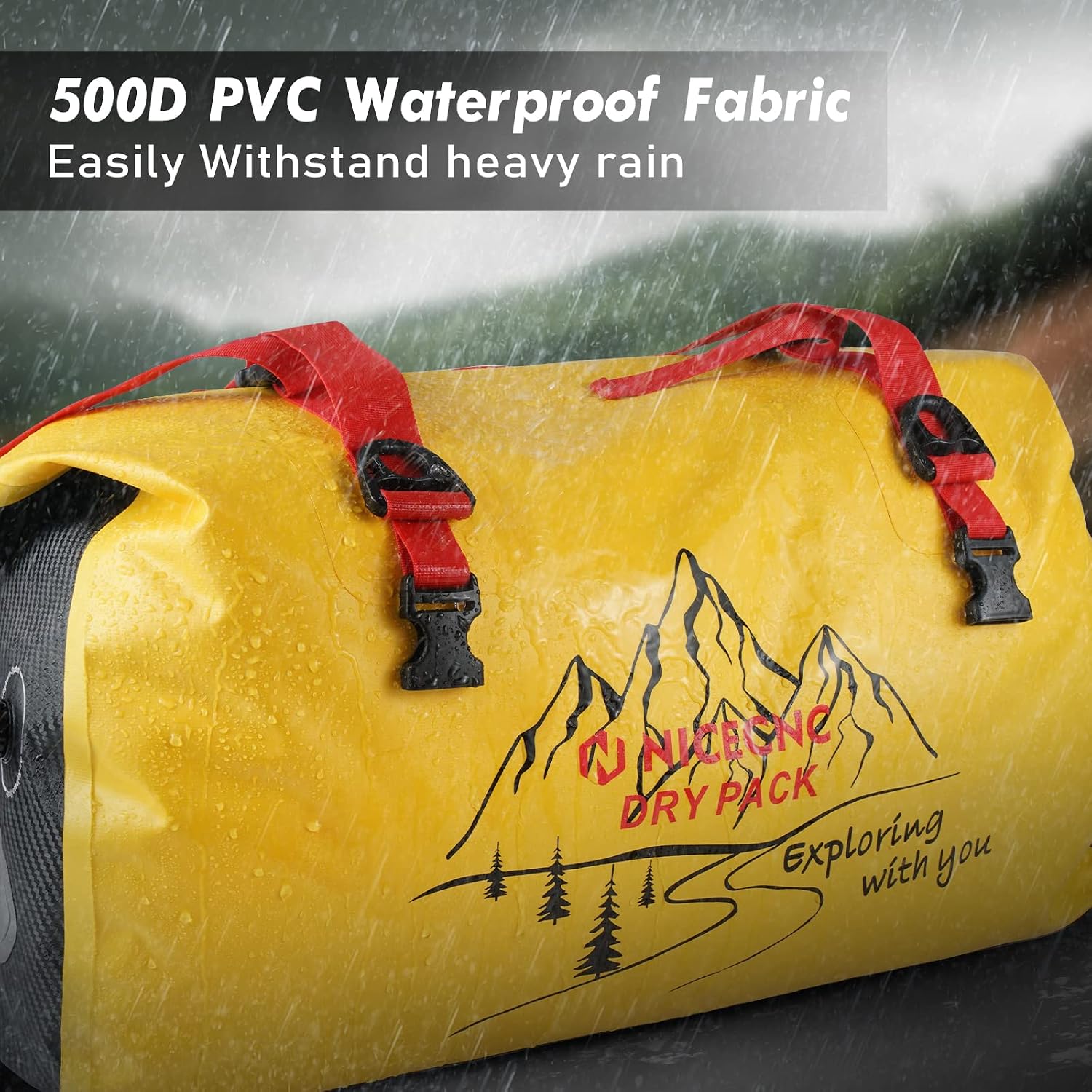 NICECNC Waterproof Motorcycle Dry Duffel Bag 66L, 500D PVC Motorcycle Tail Bag Rear Seat Rack Trunk Bag Universal Motorcycle Travel Luggage Storage Bag Fit for Adventure Riding Camping Boating, Yellow
