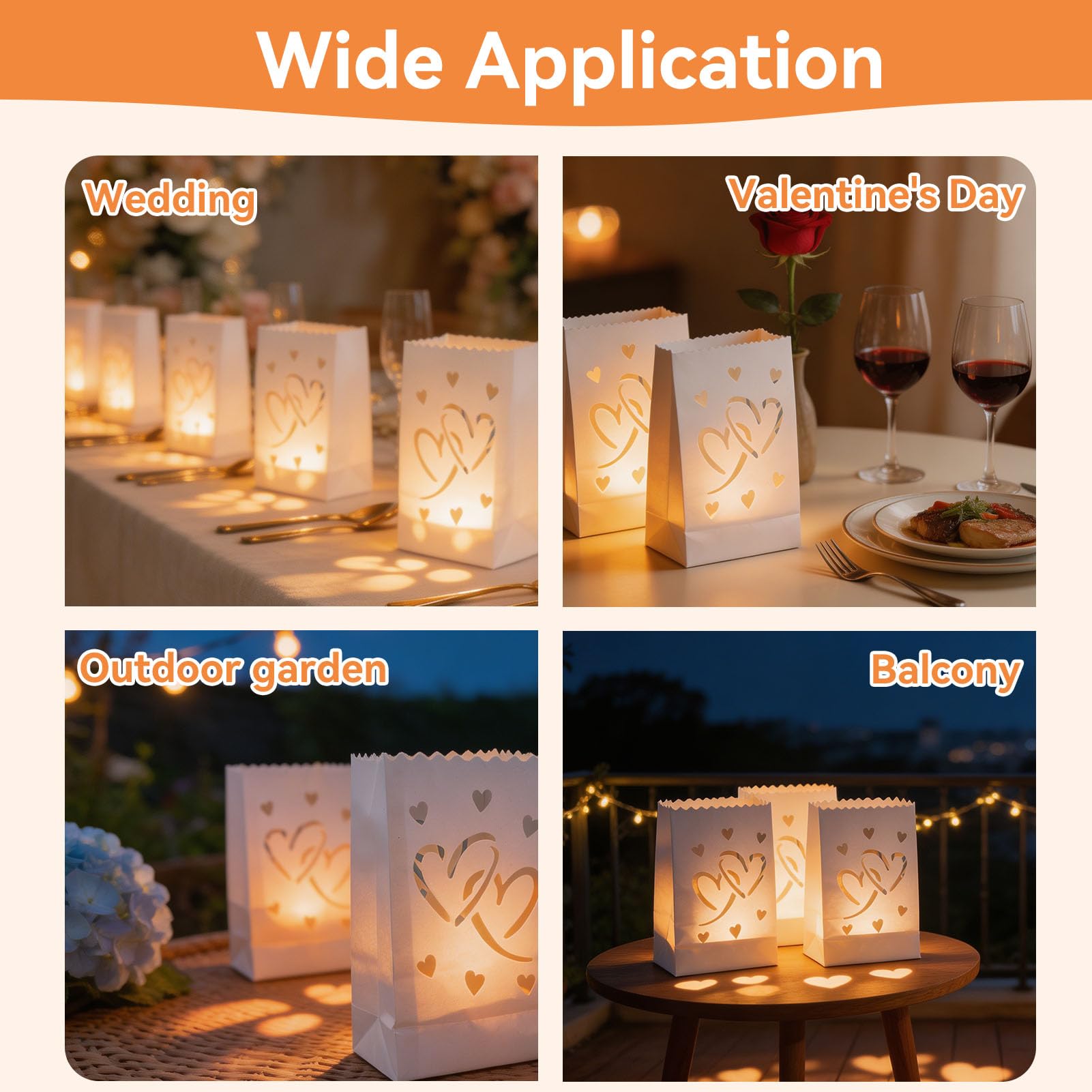 HERCHR 20 Pezzi Sacchetti Portacandele Luminari, Lanterne di Carta Resistenti alla Fiamma con Cuori, Lanternine a Tea Light per Matrimoni, Halloween, Ringraziamento