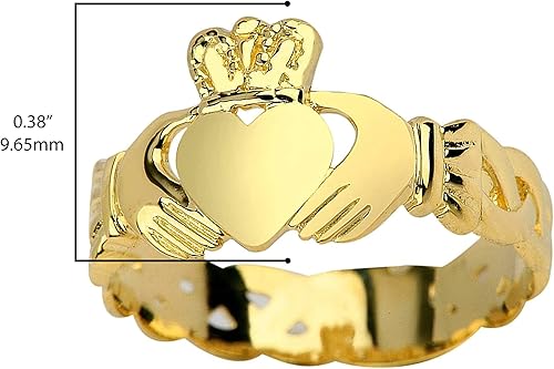 Vista 3 de Anillo de amistad, compromiso o boda de Claddagh de oro amarillo de 10 quilates con banda de nudo Trinity, talla 5-12, Metal