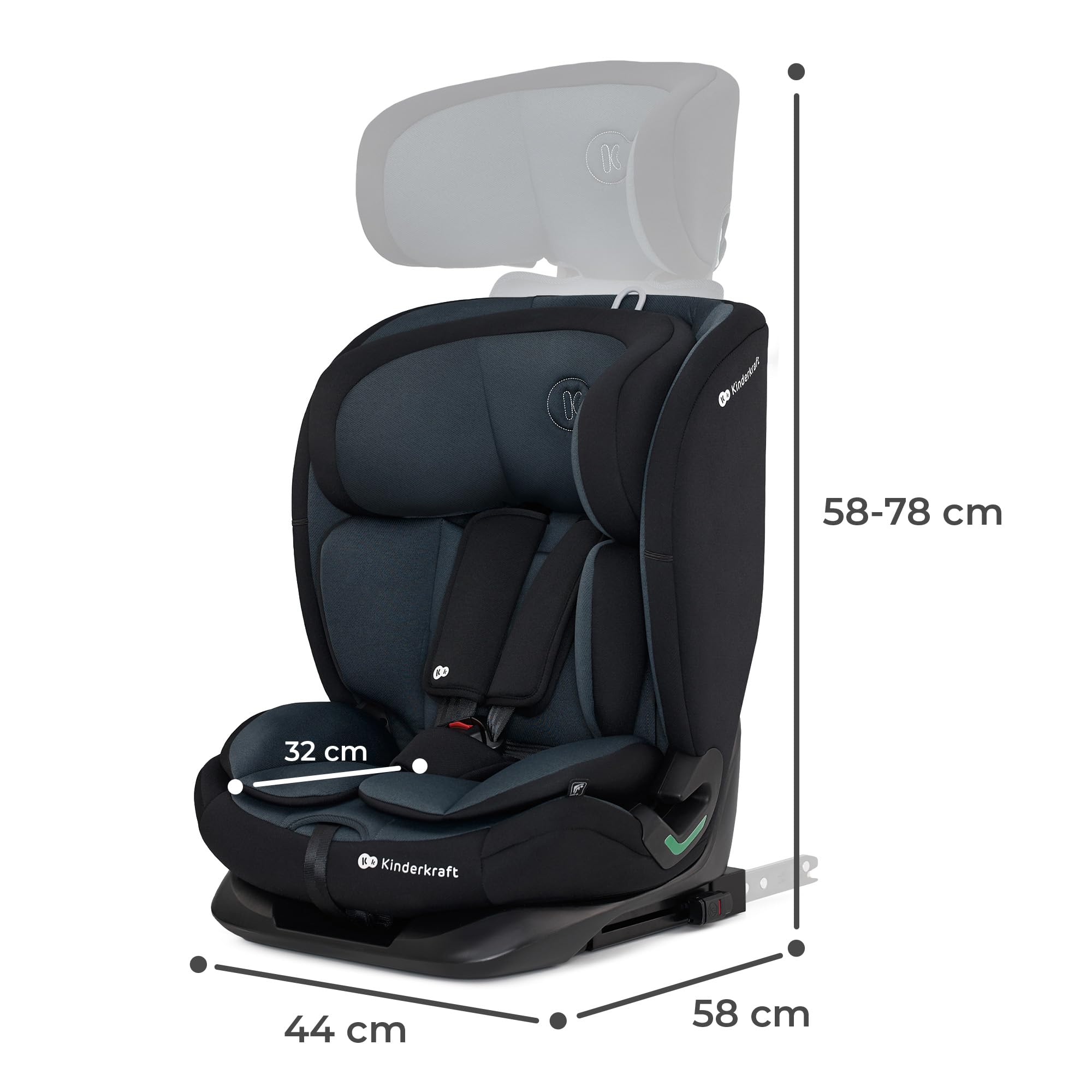 Kinderkraft ONETO3 I-SIZE 76-150 cm Seggiolino Auto 9-36 kg isofix, Alzatina auto bimbi, Poggiatesta regolazione, Cinture di sicurezza, Facile da pulire, Nero
