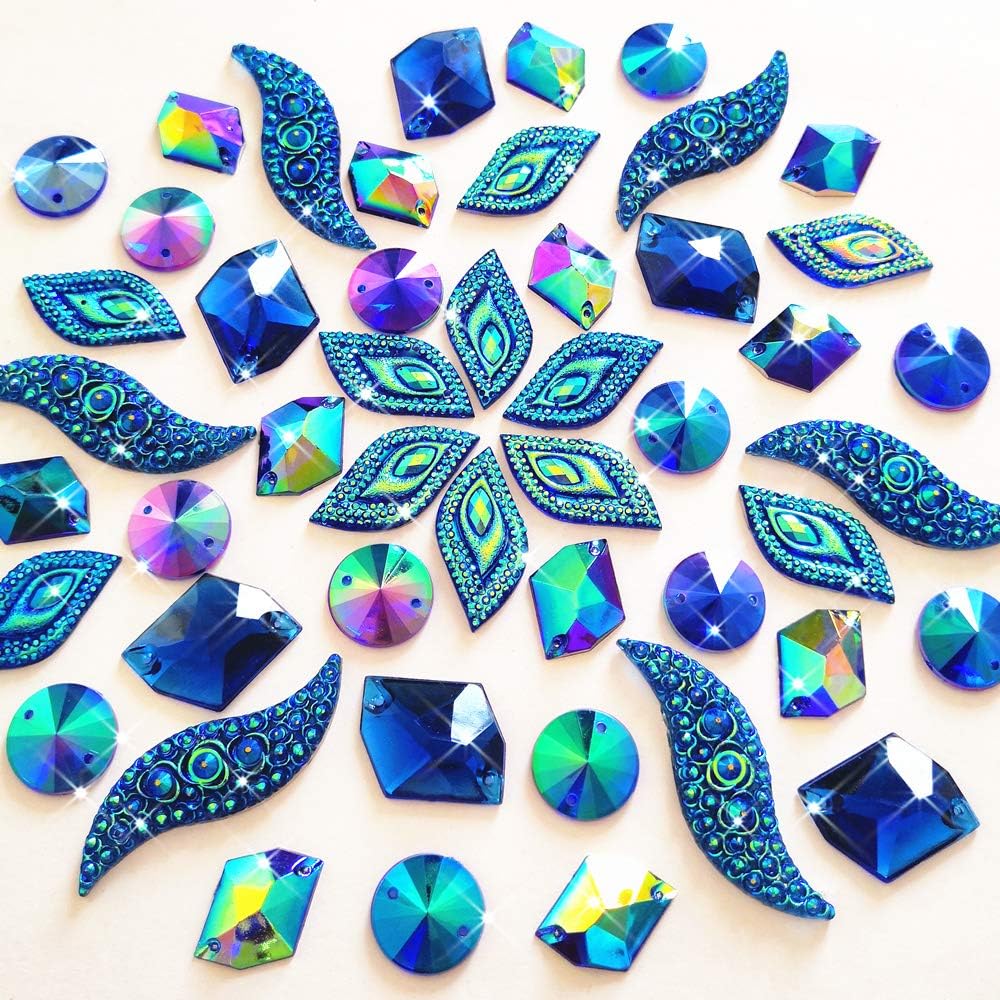 50PCS Special Effect Different Shapes Mirror AB Gems Sew On Rhinestones Faceted for Handicrafts Clothing Dress Decorations (Blue)
