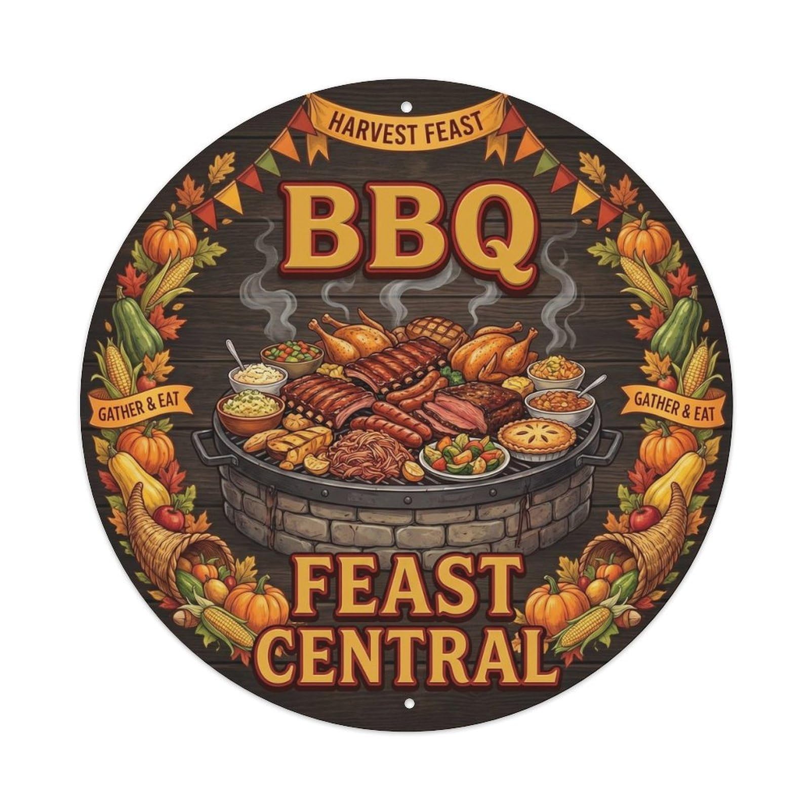 BBQ Barbecue Feast Central Vintage Metal Tin Sign Plaque Wall Decor for Cafe, Club, Garden Round Metal Poster 8x8Inch