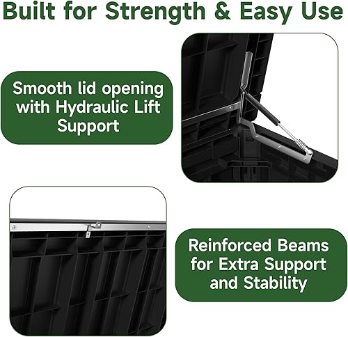 Vista 96 de EasyUp Caja de almacenamiento para exteriores de 230 galones, impermeable, resistente a los rayos UV, con varilla hidráulica, estabilidad reforzada