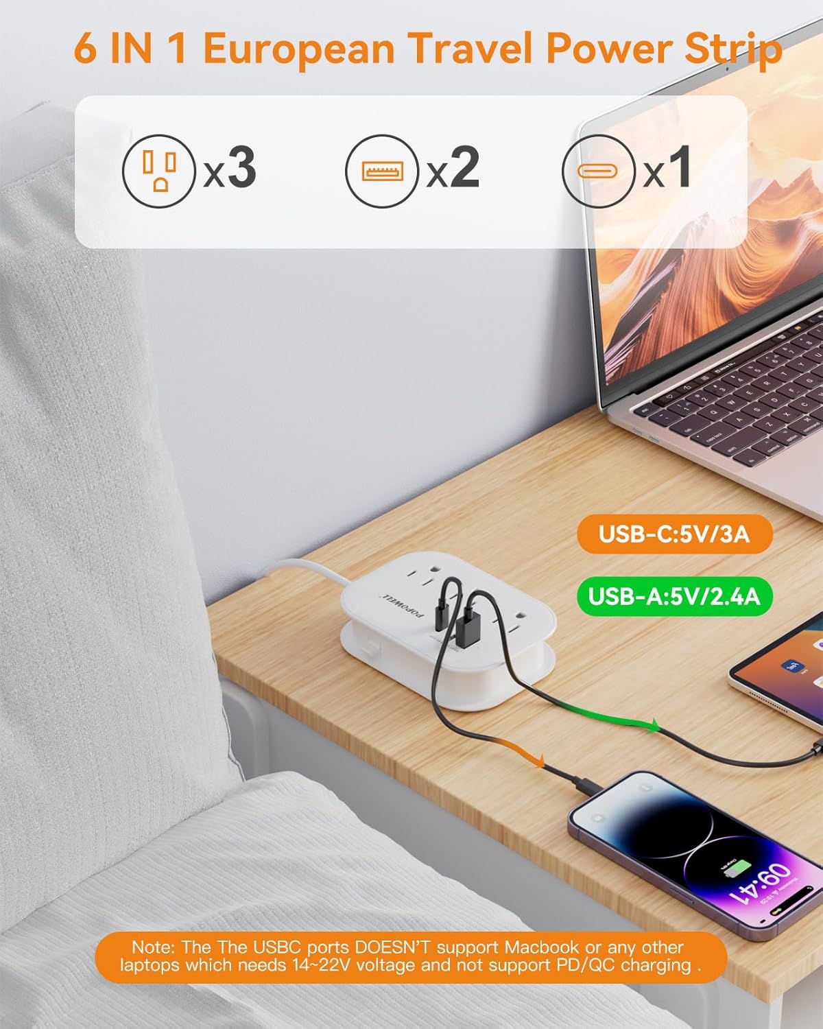 European Travel Plug Adapter,Travel Power Strip with 3 Outlets & 3 USB(3.4A), Type C US to EU Plug Adapter, International Power Adapter with 3 FT Extension Cord for Germany Italy Spain France White.
