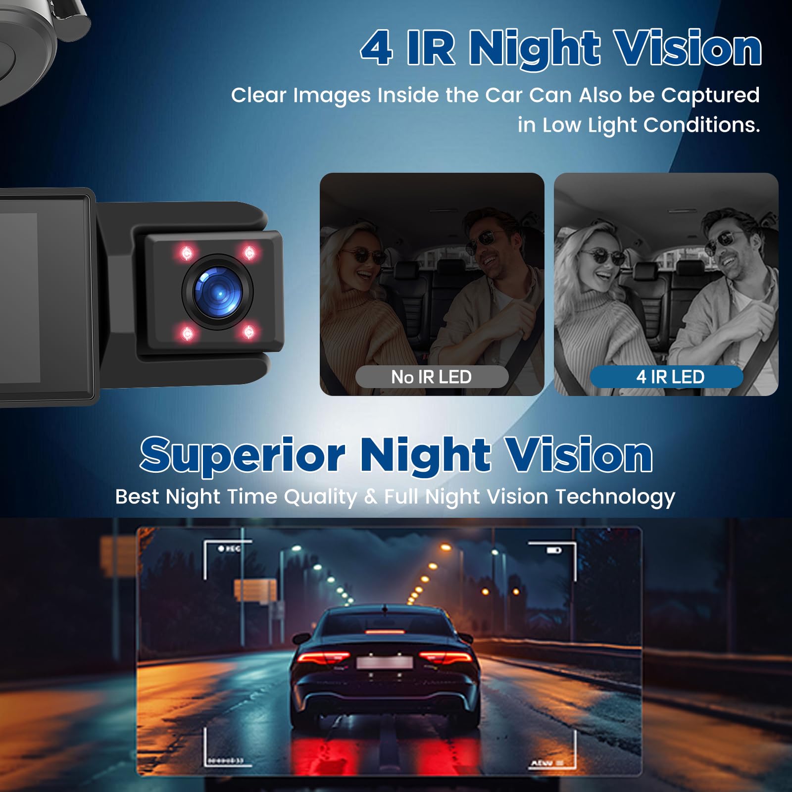 Dash Cam Auto Senza Fili WiFi – 3 Canali Fronte Interno Retro, Full HD 1080P, 2” IPS, Visione Notturna, Rilevamento Movimento, Loop, Obiettivo Rotabile