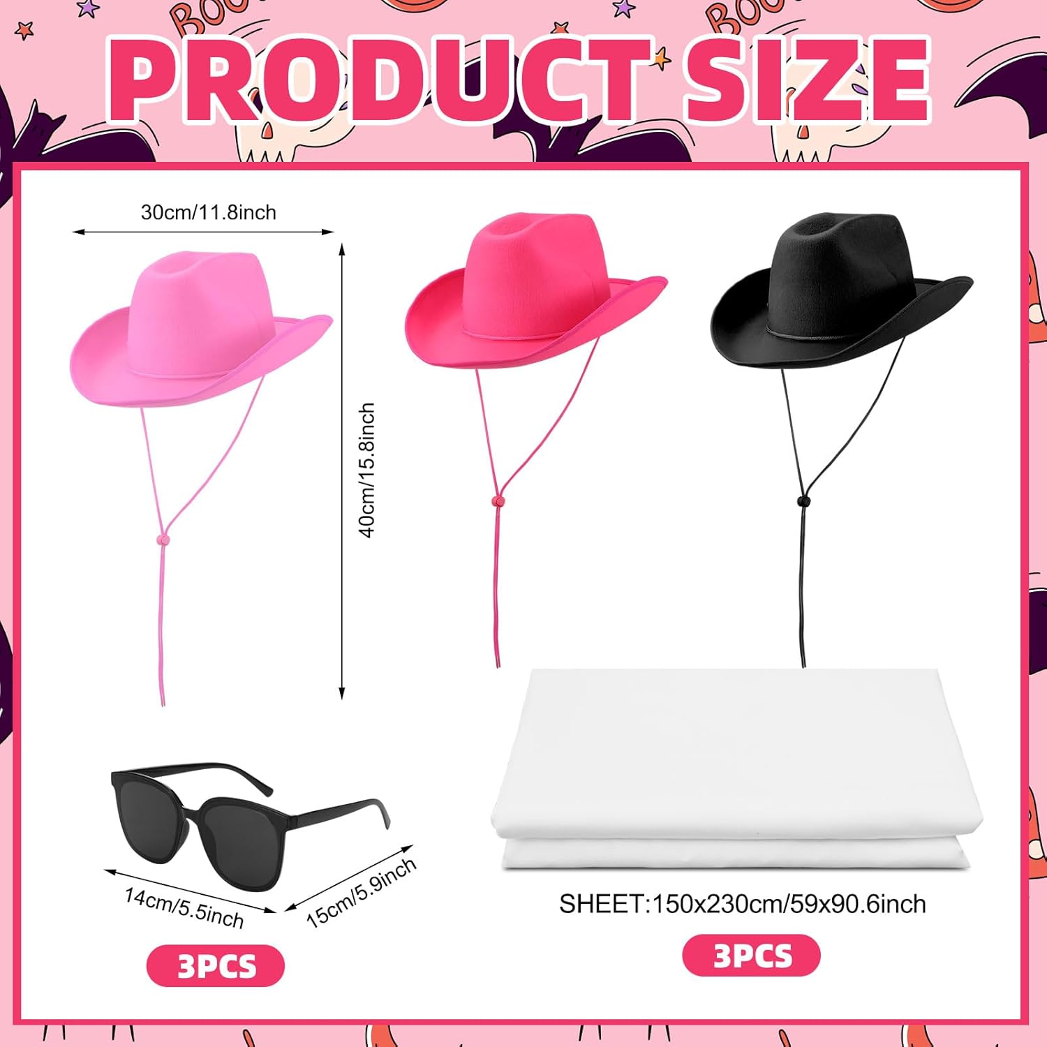 Mepase 3 Sets Halloween Cowboy Ghost Costume Accessories Full Cover White Sheet Ghost Costume Cowboy Hat Black Sunglasses for Adult Halloween Western Spooky Cosplay Party Supplies