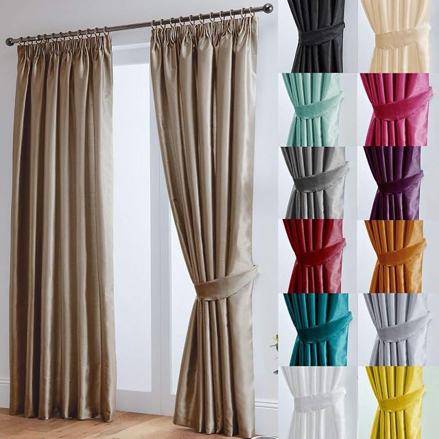 John Aird Luxury Faux Silk Fully Lined Pencil Pleat Curtains With Matching Tie Backs (Mocha, 168cm Width x 183cm Drop (66"x72")