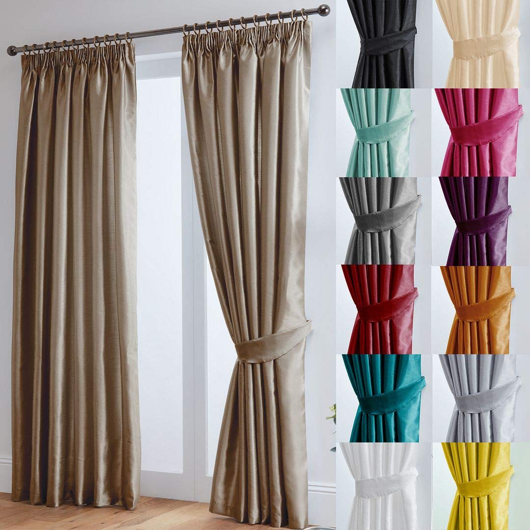 John Aird Luxury Faux Silk Fully Lined Pencil Pleat Curtains With Matching Tie Backs (Mocha, 168cm Width x 183cm Drop (66"x72")