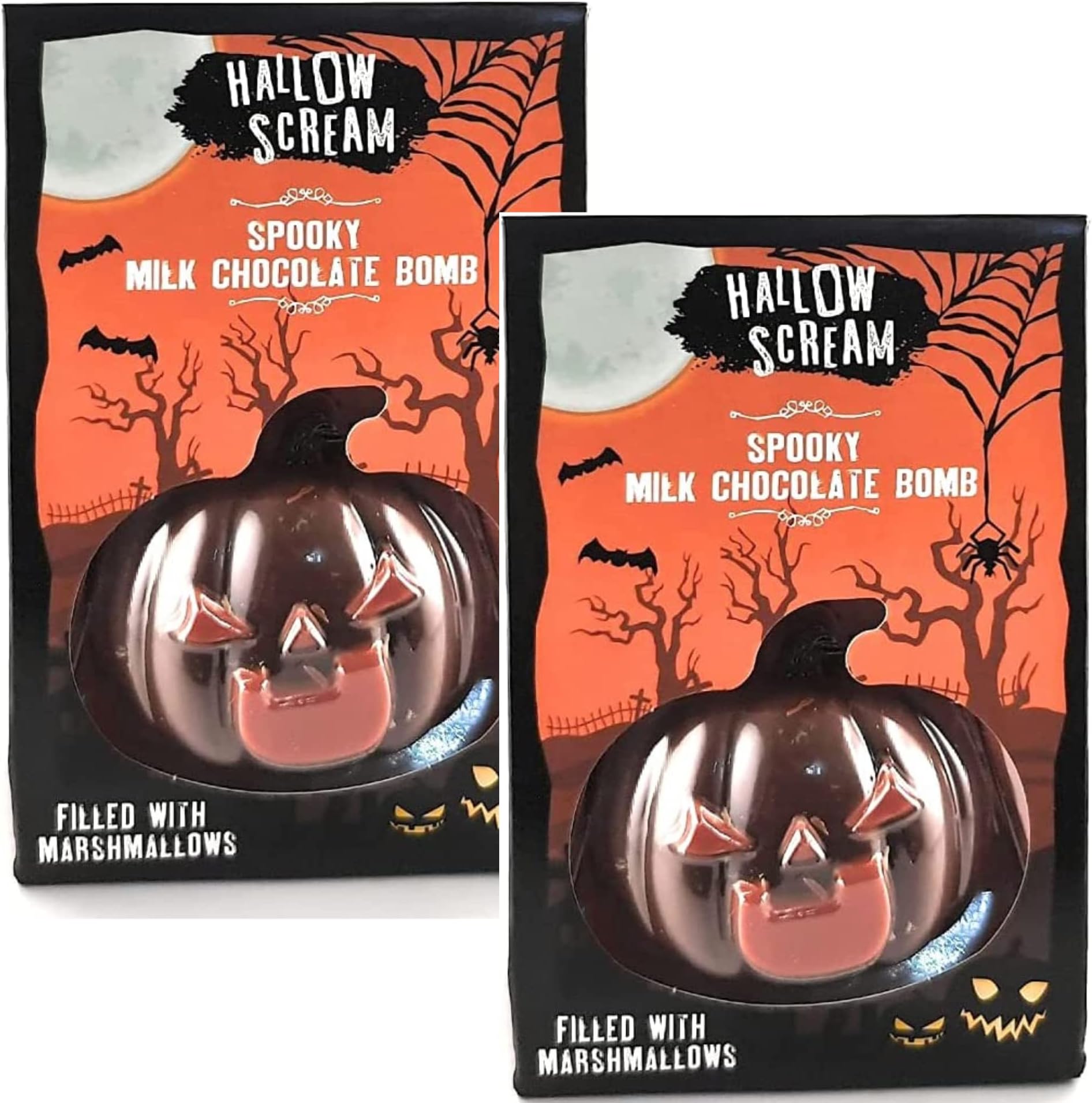 Hot Chocolate Gift Set for Halloween - 2 Sets of Hot Chocolate Bombs with Marshmallows Inside - Spooky Milk Choc Bomb and Gruesome White Choc Bomb Filled with Mallows - Individually boxed