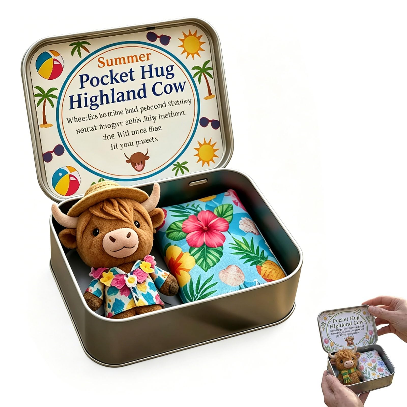 Pocket Hug Highland Cow Gift Set, Soft Mini Plush Cow with Tin Box & Card, Emotional Support Highland Cows Pocket Hug Token, Portable for Valentines Birthday Long Distance Relationships (#B)