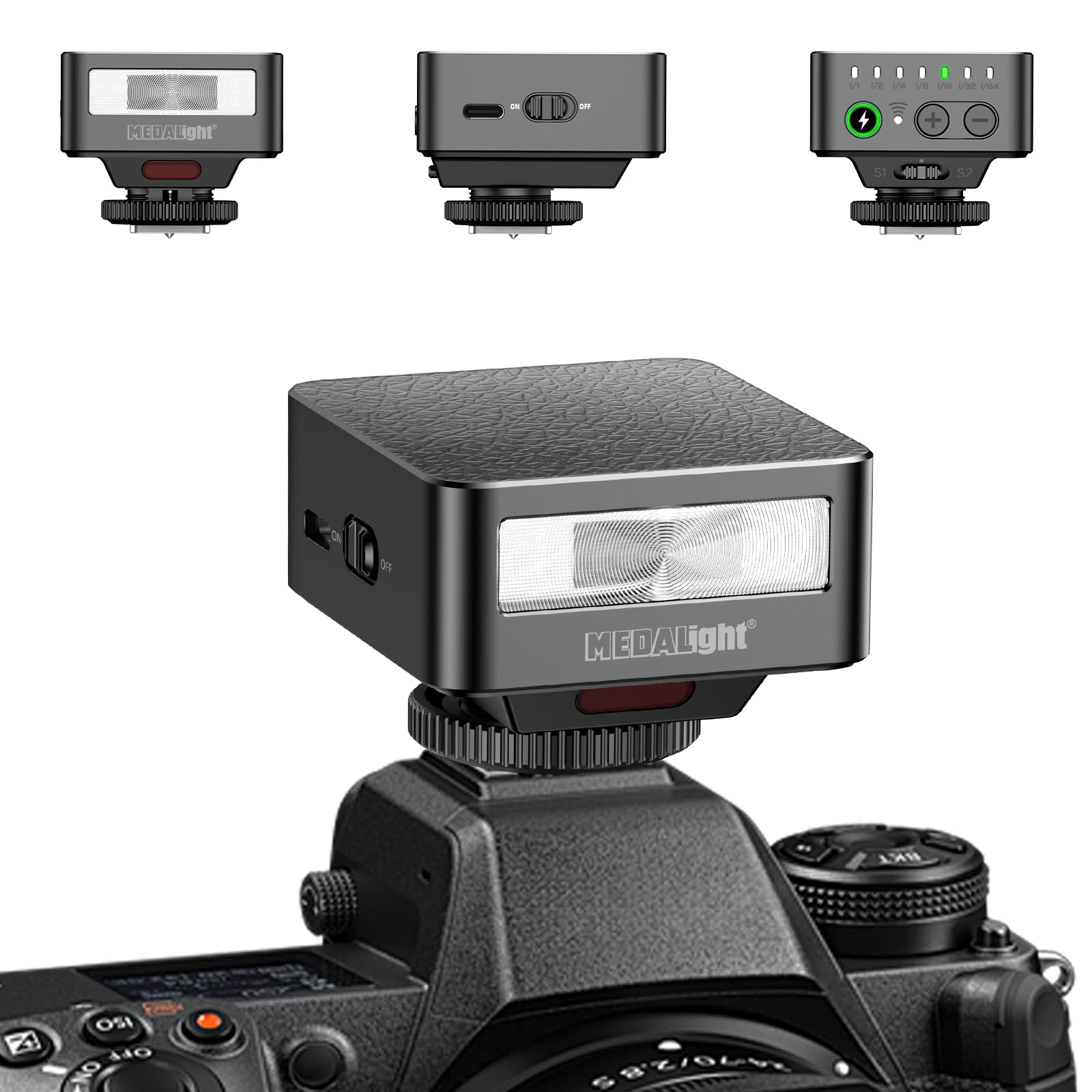 MEDALight F30 Mini Camera Flash mounted on a camera, with close-ups of its front, side, and top panels showing controls and indicators.