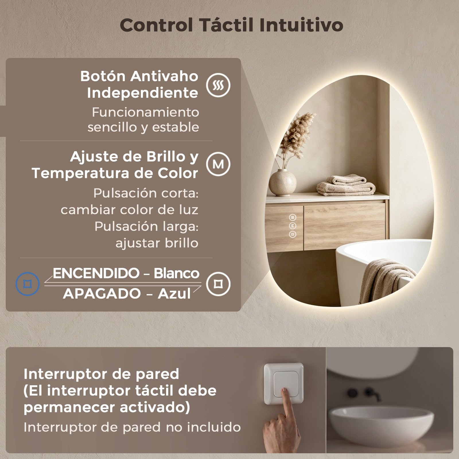 S'AFIELINA Espejo Baño con Luz LED Asimétrico e Irregular 60x45 cm | Espejos de Baño con LED Retroiluminado, Antivaho, Botón Táctil, Regulable, 3 Tonos de Luz, Montaje Horizontal o Vertical