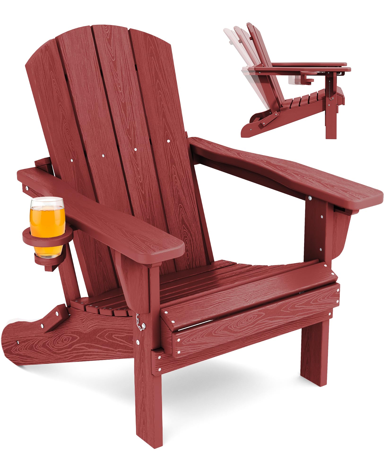 SERWALL Adjustable Folding Adirondack Chair, Reclining Adirondack Chair with Cup Holder, Red