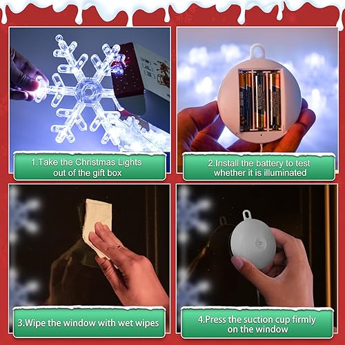 Miniatura 7 de 3 luces navideñas para ventana, funciona con pilas, cadena de copo de nieve iluminada blanca