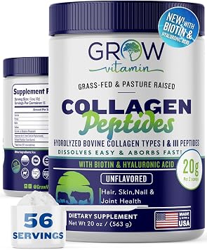 Collagen Peptides Powder 20g with Hyaluronic Acid & Biotin - Unflavored Grass Fed Collagen Powder with Hydrolyzed Type I & III Collagen Supplements - Hair, Nail, Skin & Joint Support - 56 Servings