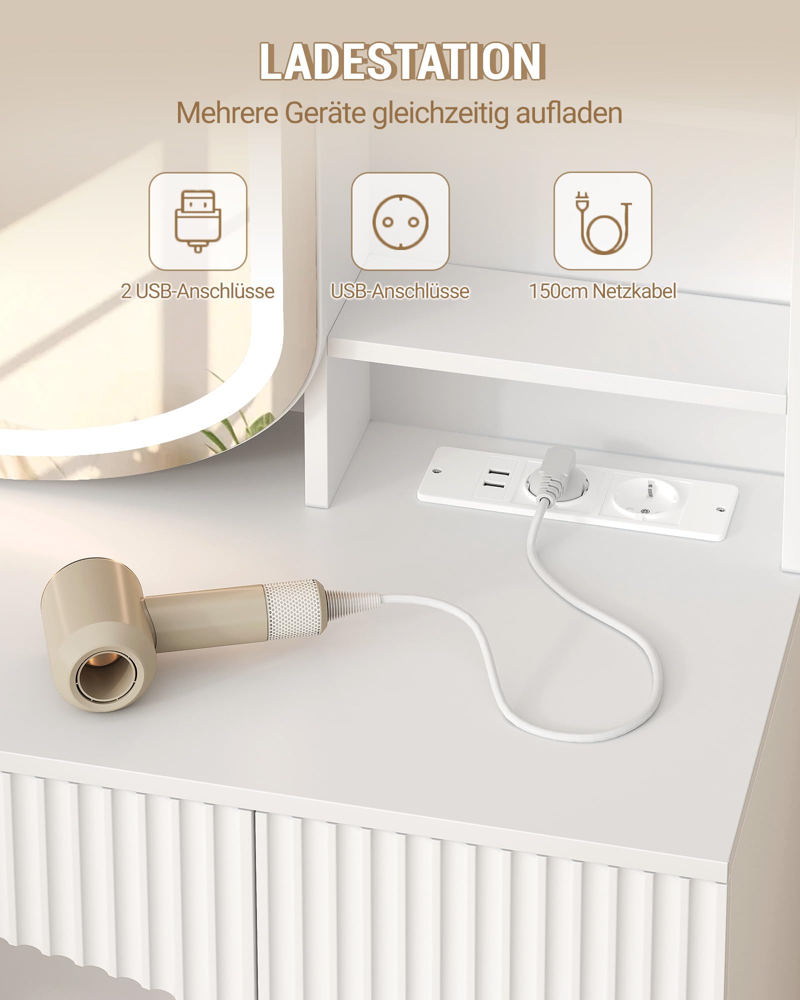 Hzuaneri Große Schminktisch，Schminktisch mit LED-Beleuchtung und Steckdosenleiste，Schminktisch mit Große HD-Spiegel, 9 Schubladen und 11 Ablagefächern, Für Das Schlafzimmer, Weiß, 1180103XEU