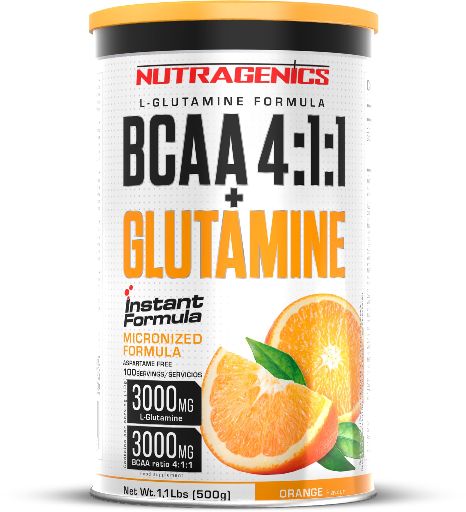 BCAA 4 1 1 + Glutamine - BCAA Glutamine - BCAA Glutamine - BCAA 4 1 1 en poudre et glutamine aromatisée - 500 g (Orange)