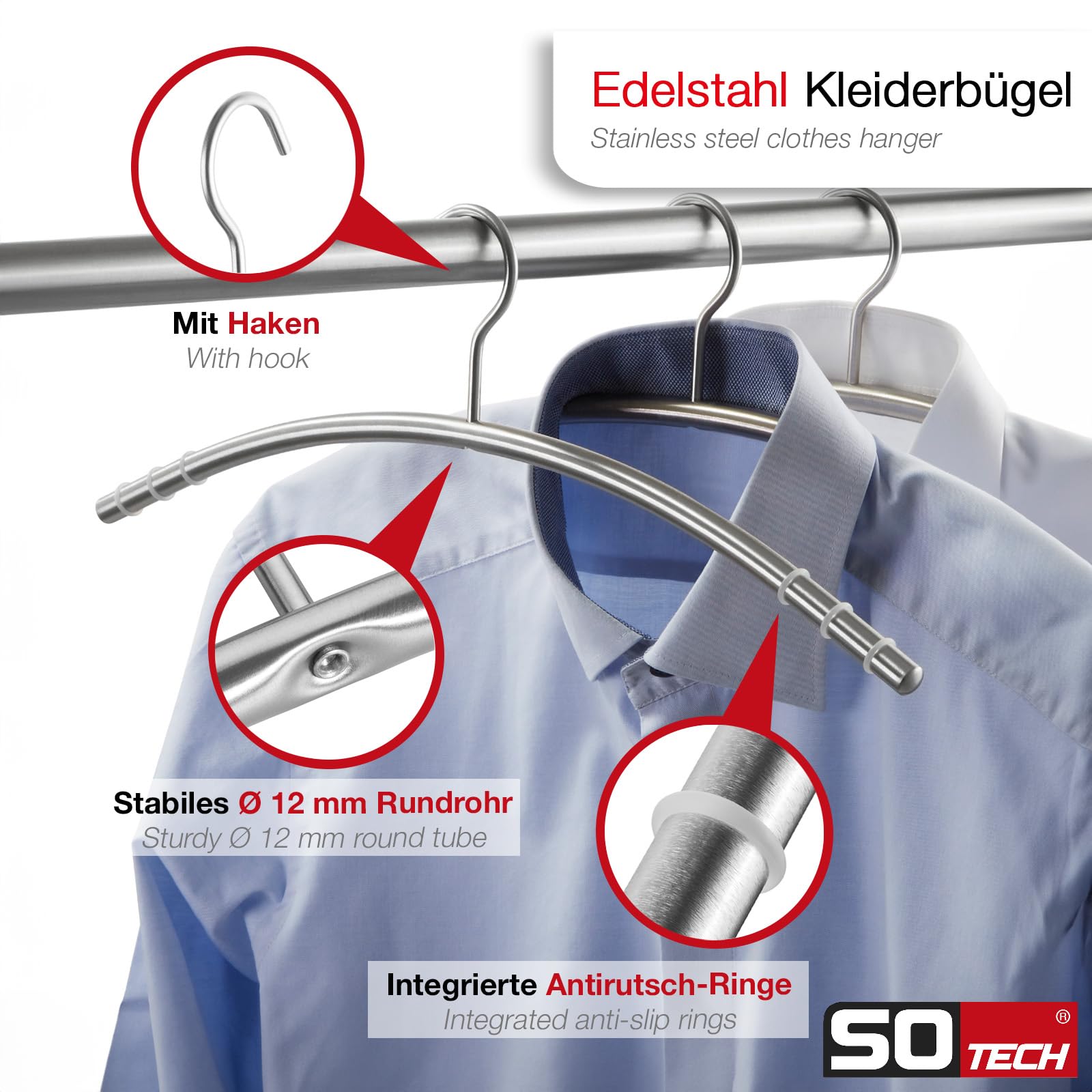 SOTECH 10 Stück Design Kleiderbügel Edelstahl SS201 mit Anti-Rutsch-Ringen (Haken 360 Grad drehbar, Rundrohr Ø 12 mm x 433 mm, gebürstet) Aufhängebügel für Kleiderschränke und Garderoben