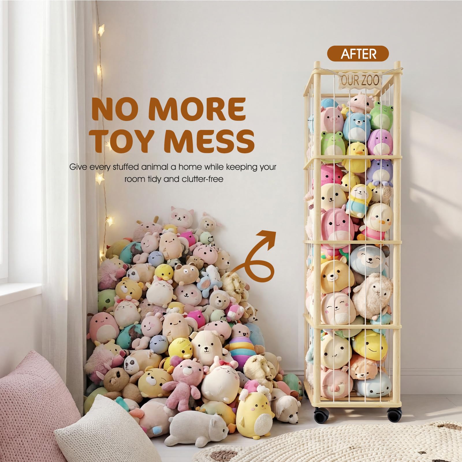 DIY Stuff Animal Storage Kit, Adjustable 1–4 Tier Stuffed Animal Organizer with Wheels, Large Plushies Storage for Playroom, Bedroom & Nursery, Designed for Growing Toy Collections - 4