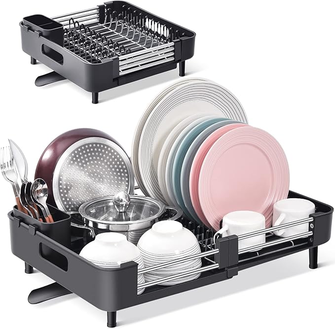 TOOLF Extendable Dish Rack, Dual Part Dish Drainers with NonScratch