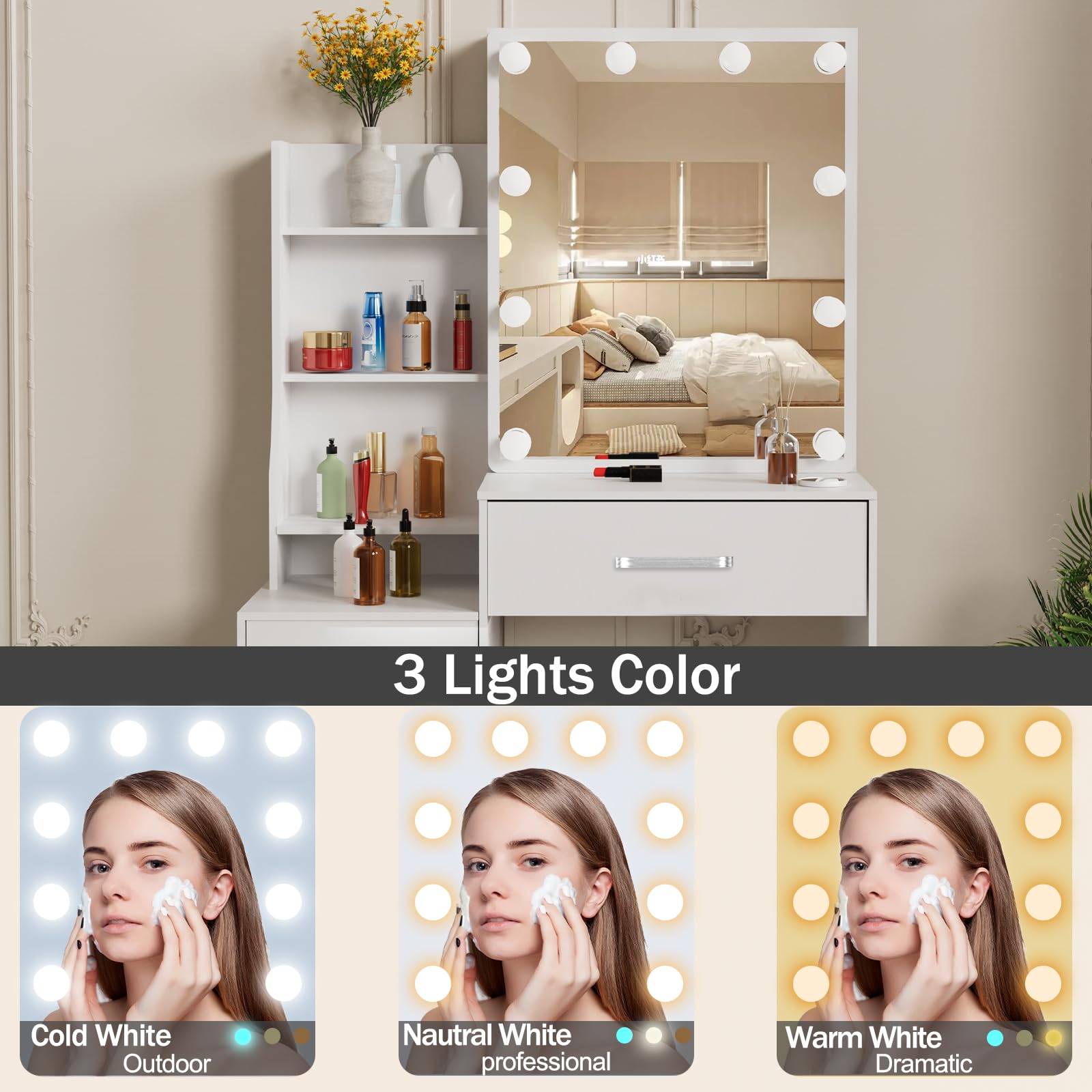 Toeletta Trucco con Luci, 3 Temperature di Colore e Luminosità Regolabile, Tavolo da Trucco con Specchio, 4 Cassetti, 1 Sgabello, Moderno, Bianco, 83 x 60 x 139cm