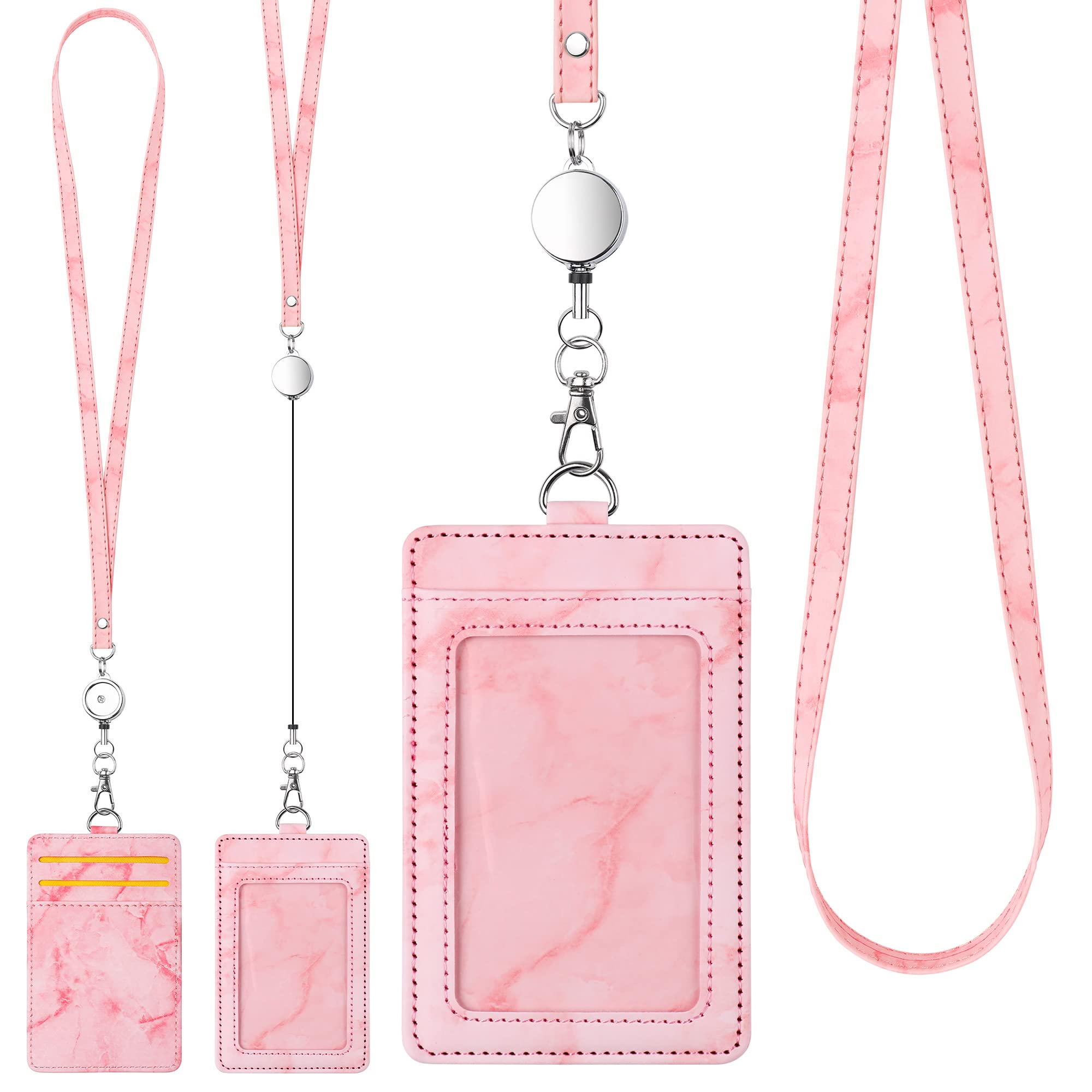 ID Badge Holder with Lanyard Marble Pattern Retractable Badge Holder PU Leather with Clear ID Window 1 Credit Card Case Name Badge Keychain Tags Protector for Women Nurse Teacher Office (Pink)