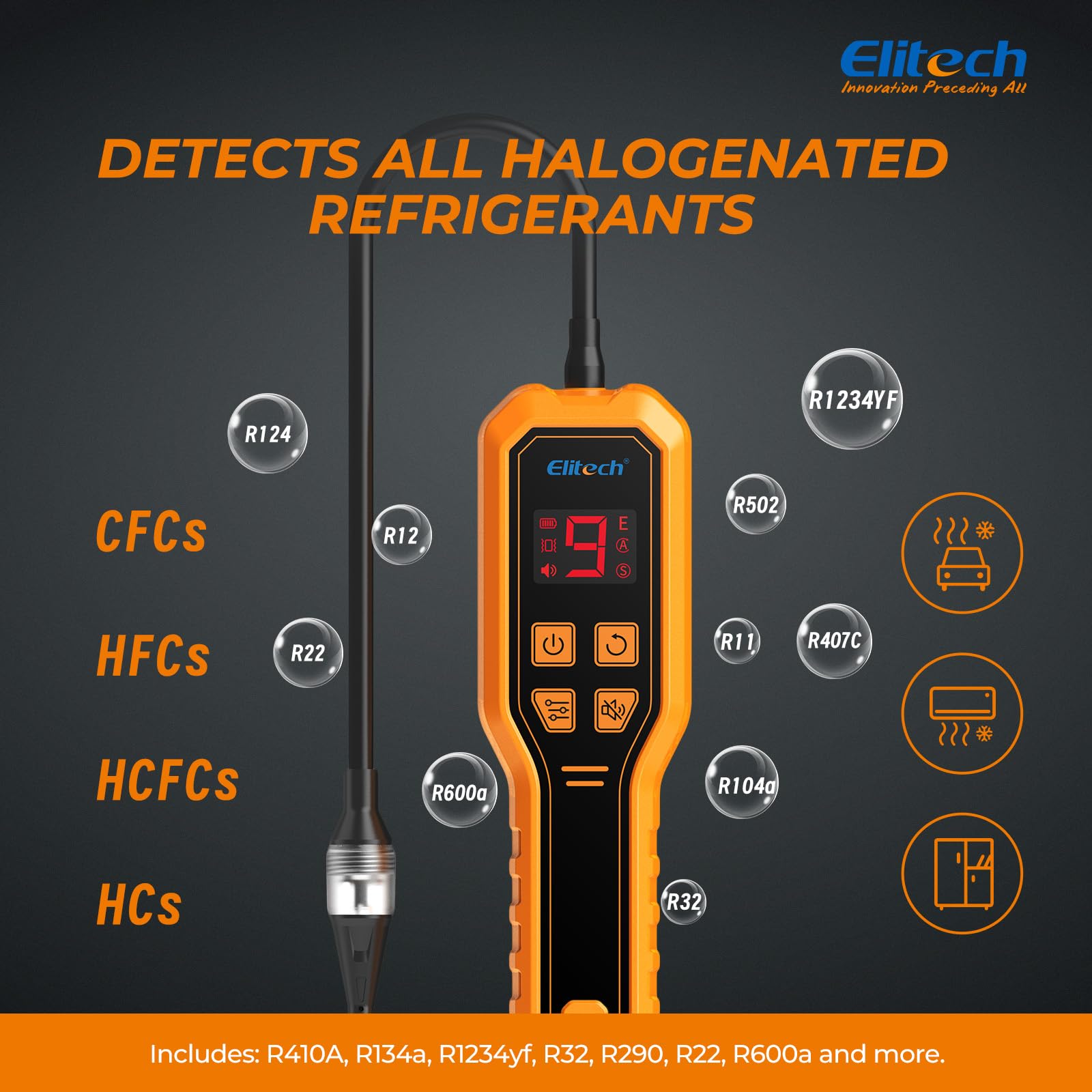 Elitech ELD-270 Detector de Fugas de Refrigerante HVAC – Pantalla Digital y Alarma Vibrante para R32, R410A, R134A, R1234yf