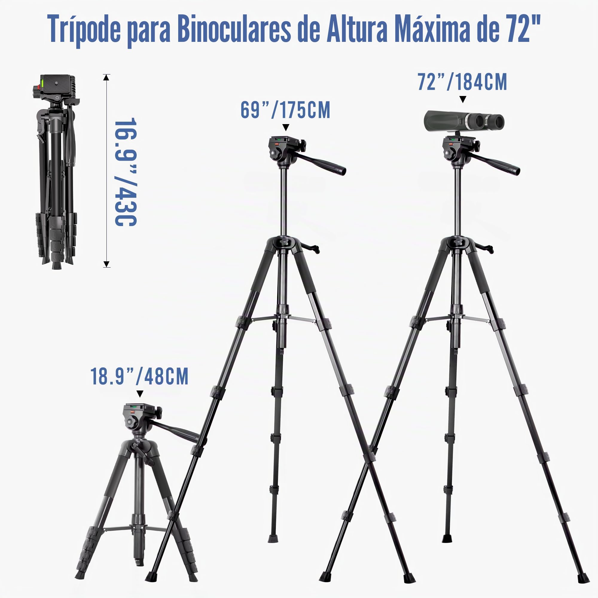 Trípode para prismáticos, trípode para telescopio terrestre de 183 cm con adaptador para prismáticos y 2 placas de liberación rápida, soporte de cámara de viaje con soporte para teléfono/bolsa de