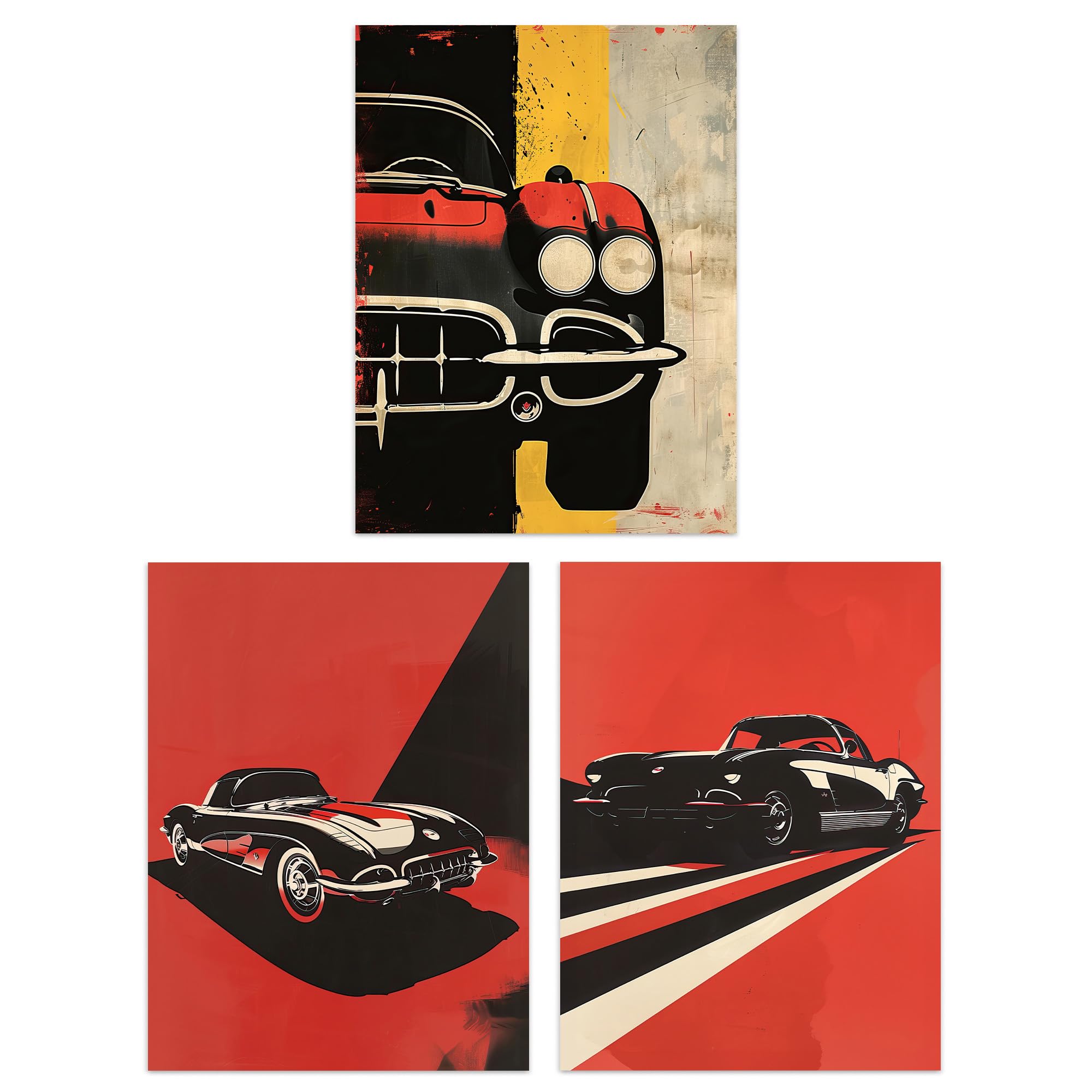 Artery8 Sports Car - Set Of 3 Set Of 3 Classic Sports Cars Bold Red Pop Art Man Cave 12X16 Inch Wall Art Prints Pack