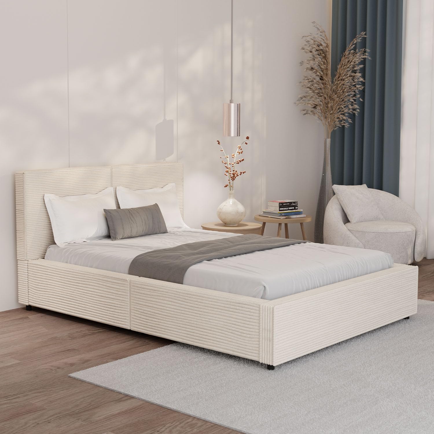 Juskys Polsterbett Salerno 140 x 200 cm – Cord Beige, modernes Bett mit Kopf- & Fußteil