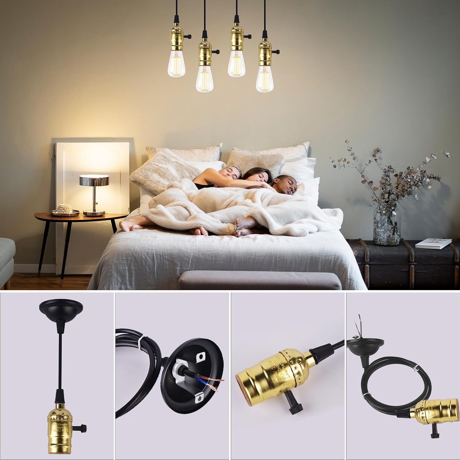 JUSTHERE Industrial Mini Pendant Light Kit, DIY Vintage Hanging Lighting Socket, for E26 E27 Edison Bulb, Lamp Holder for Kitchen Bedroom Home Corridor Studio Office (Pack of 4)