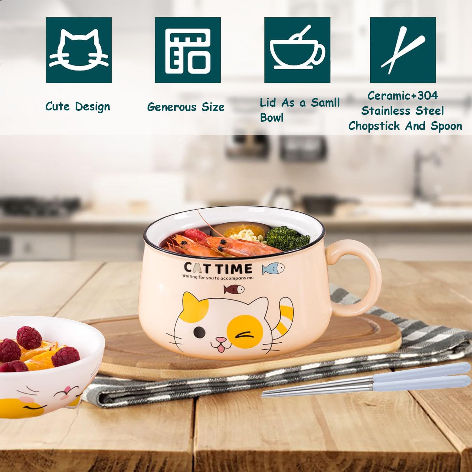 Cute Ramen Bowl with Handle and Lid,Ceramic Instant Noodle Bowl with Spoon & Chopstick,1020ml Large Ceramic Soup Bowls for Soup Udon Pasta Salad Cereal,Microwave & Dishwasher Safe - Image 3