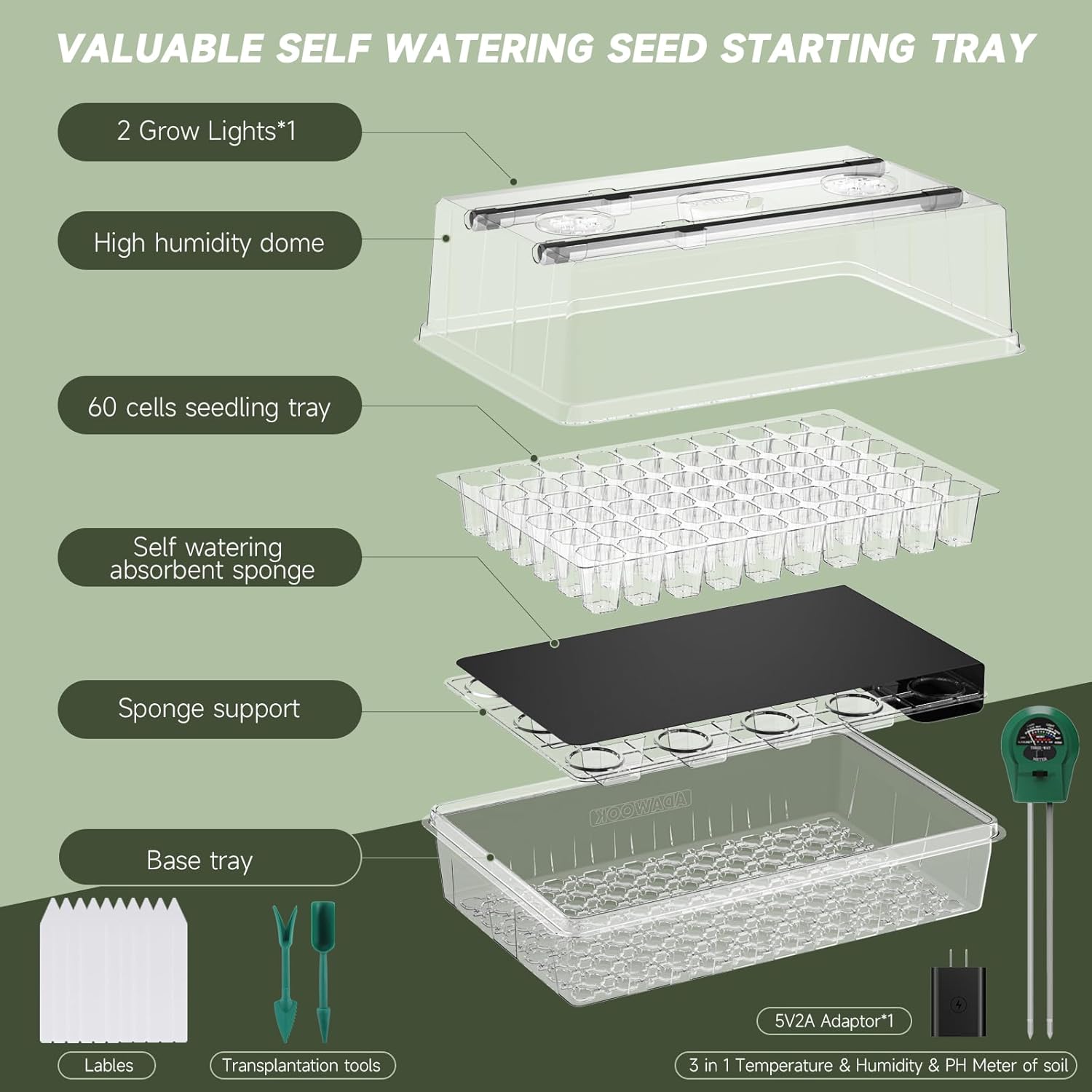 Self-Watering Seed Starter Tray with Grow Lights, 60 Cells Seed Starter Kit, Full Spectrum Grow Light for Seed Starting, Timing Set, Germination Tray Grow Kits with High Humidity Domes