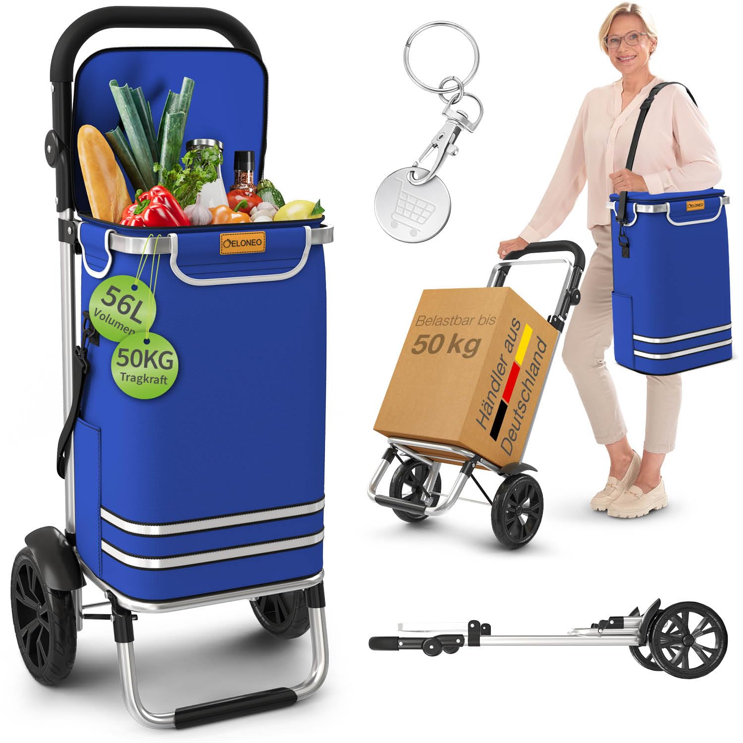 ELONEO Einkaufstrolley klappbar, Einkaufswagen mit Kühlfach, 3in1 Trolley, Sackkarre & Umhängetasche, Einkaufsrollwagen, Shopping Trolley 56L Kapazität & Einkaufschip, Hackenporsche Blau