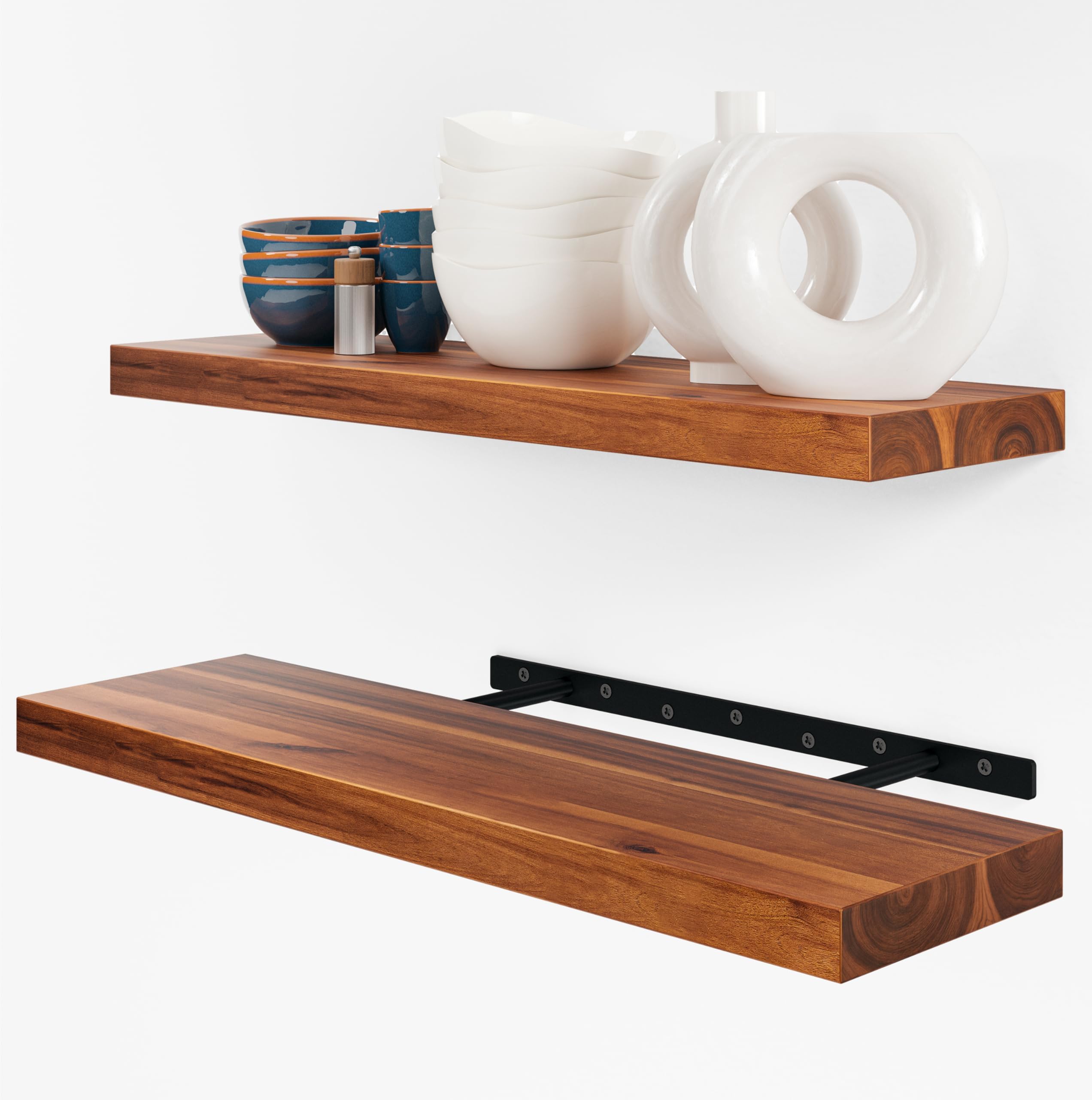 BATODA Set of 2 24" Acacia Wood Floating Shelves Wall Mounted – Rustic Farmhouse Wooden Wall Storage Shelf for Bedroom, Kitchen, Home Décor - Brackets and Shelving Hardware Included