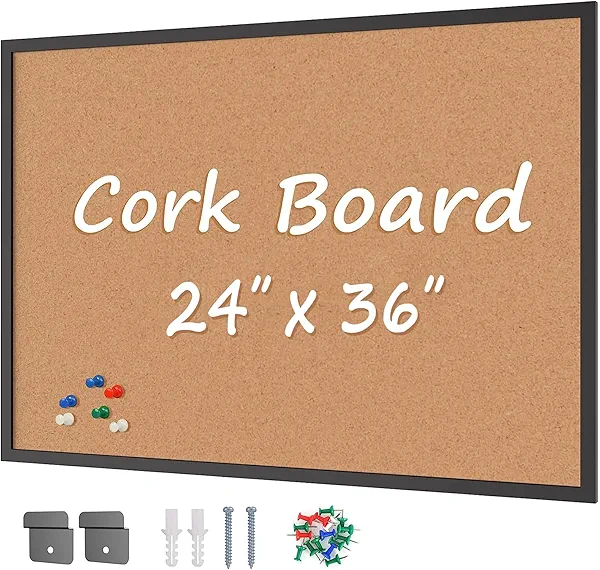 Board2by Cork Board Bulletin Board 24 x 36, Black Wood Framed 2x3 Corkboard, Office Board for Wall Cork, Large Wall Mounted Notice Pin Board with 16 Push Pins for School, Home & Office