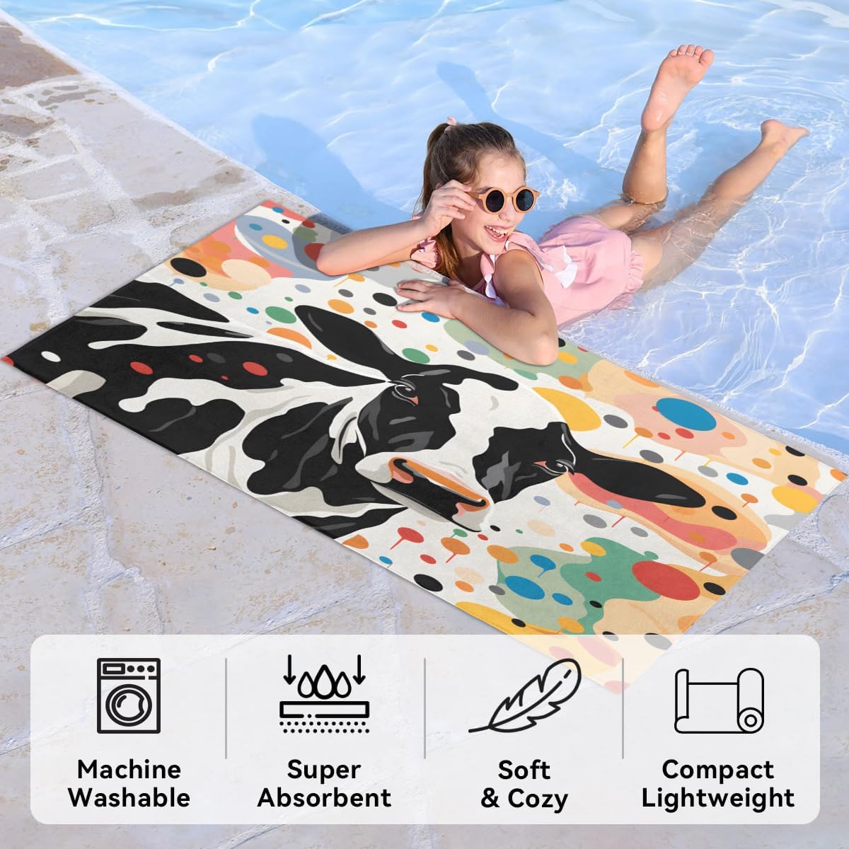 Cute Cow Print Kids Beach Towel for Girls Boys Quick Dry Sand Free Bath Towels Oversized Lightweight Travel Towel for Swim Yoga Gym Pool, 30 x 60 Inch