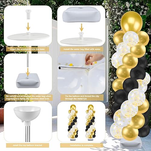 Miniatura 5 de Kit de soporte para columna de globos con 100 globos, 2 juegos ajustables de 7 pies con bases para piso, soporte de globo de metal ajustable para