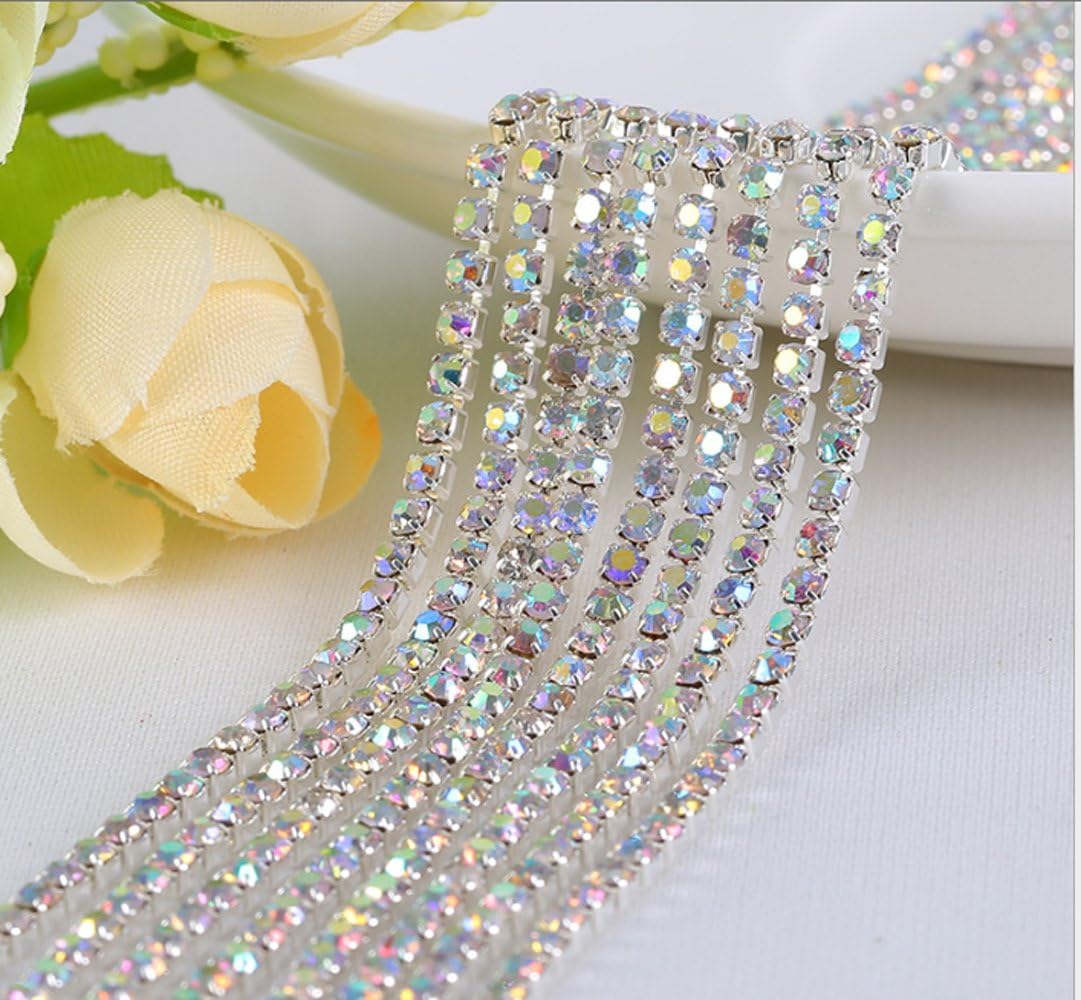 10 Yard Crystal Rhinestone Close Chain Trim Sewing Craft 2.5mm Silver Color (AB)