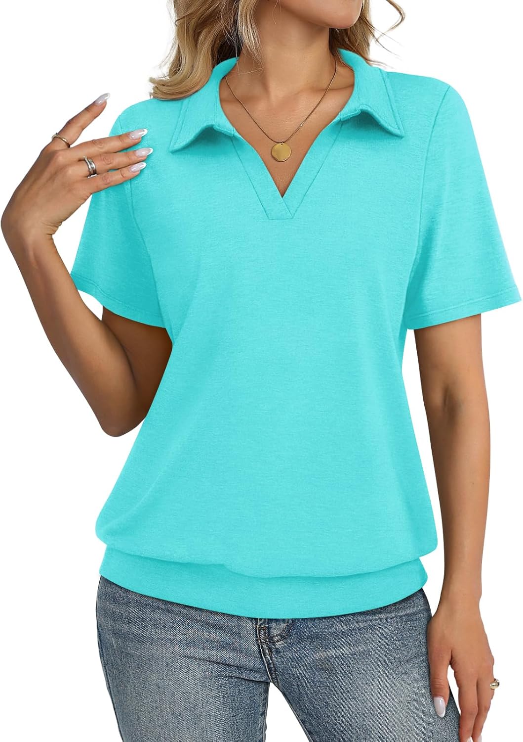 TICTICMISS Womens Polo Shirts Short Sleeve Banded Bottom Tops Business Casual Tops Collared V Neck Dressy Blouses