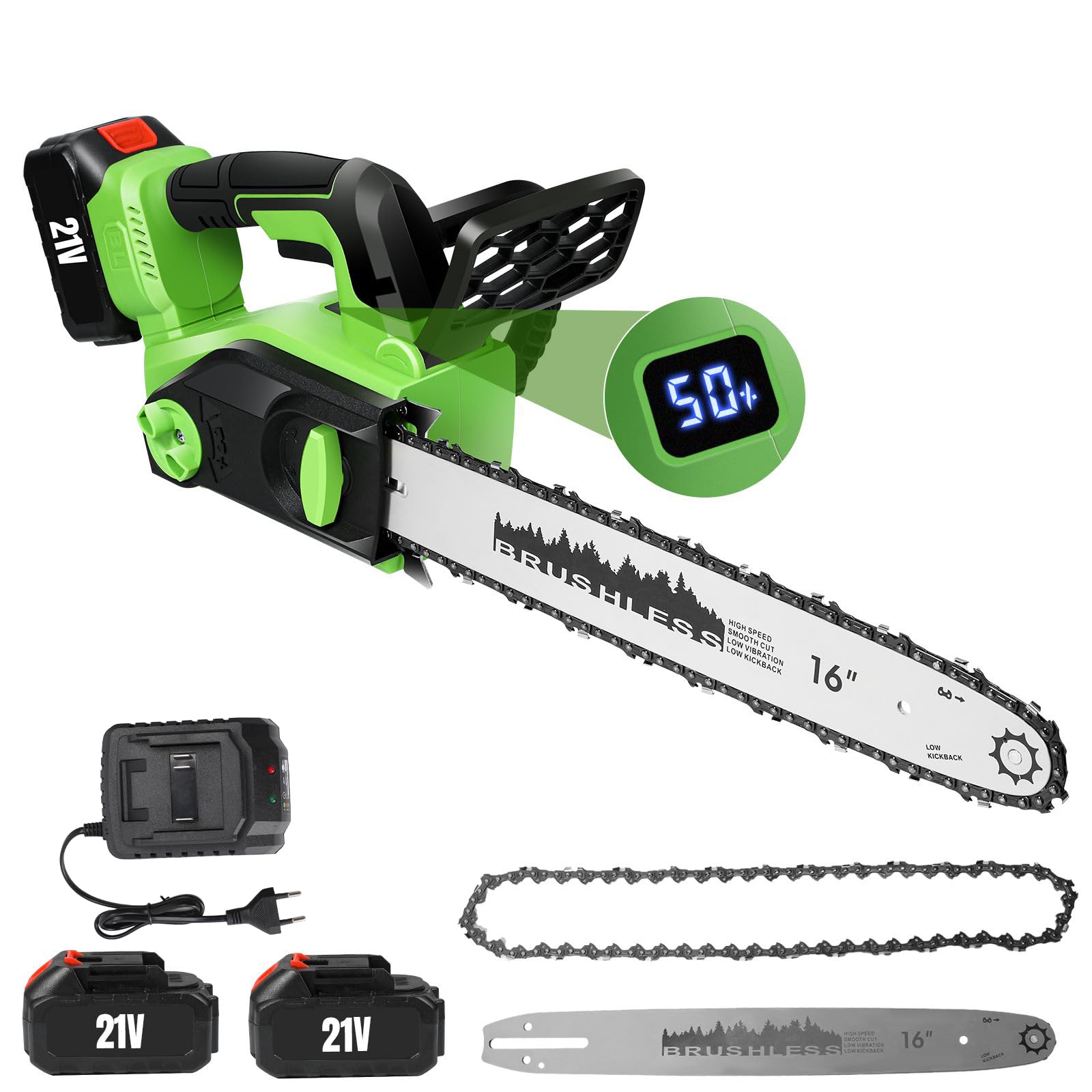 Motosierra eléctrica inalámbrica de 2200 W, 16 pulgadas, con 2 pilas de 2 x 2000 mAh, con pantalla de potencia LCD, con inyector de lubricante y 2 cadena de repuesto, para jardín