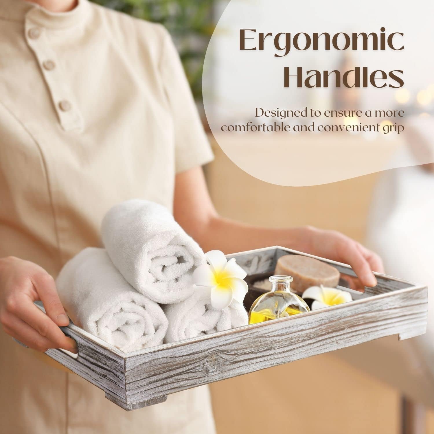 Flexzion Rustic Wooden Serving Tray with Handle - 3-Piece Set of Wooden Trays for Ottomans, Torched Whitewash Nesting Trays for Eating, Decoration, Coffee, Stackable Rectangular Breakfast