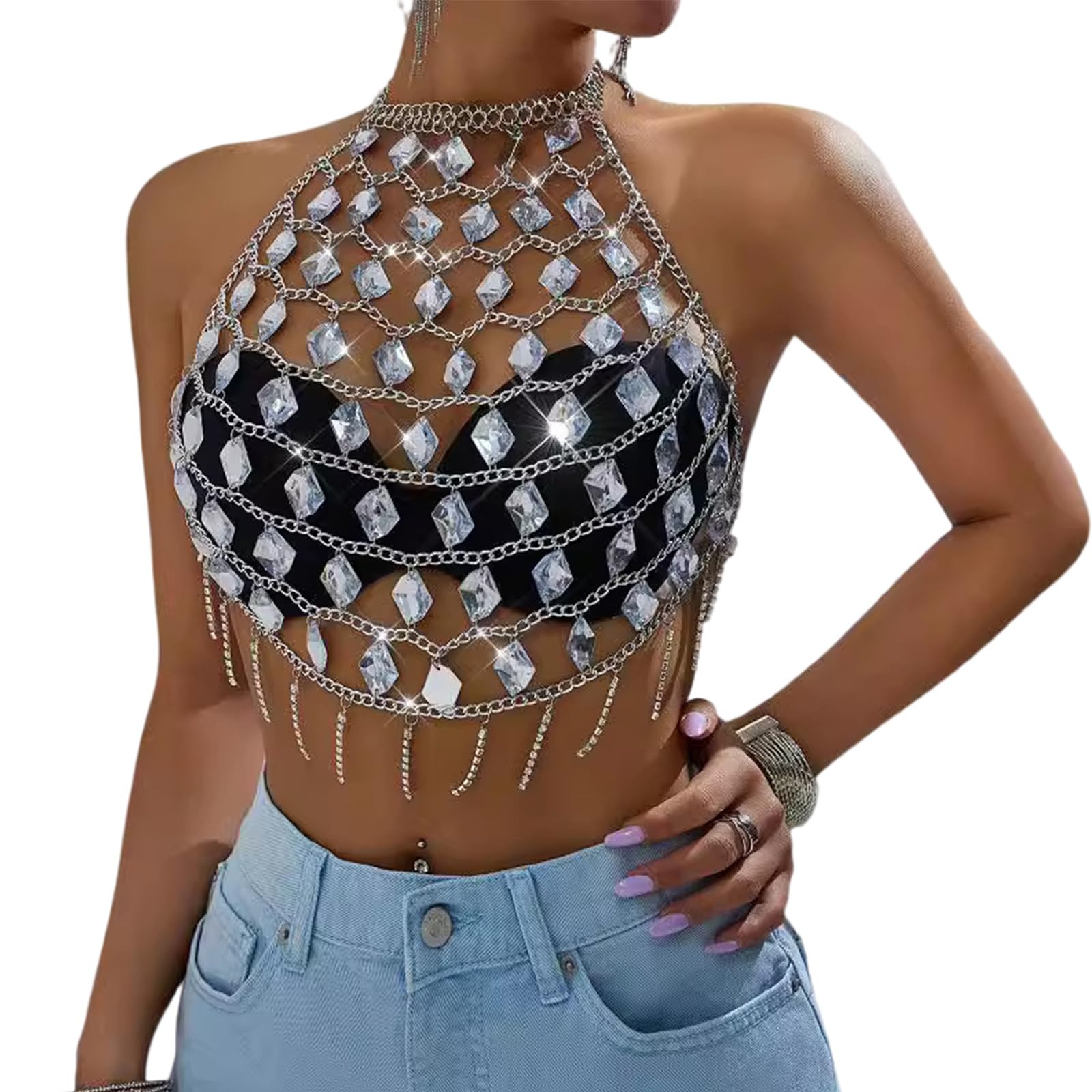 Ywmsfl Women's Silver Layered Acrylic Crystal Camisole Body Chain Jewelry Sparkling Rhinestones Halterneck Backless Crop Top Clubwear