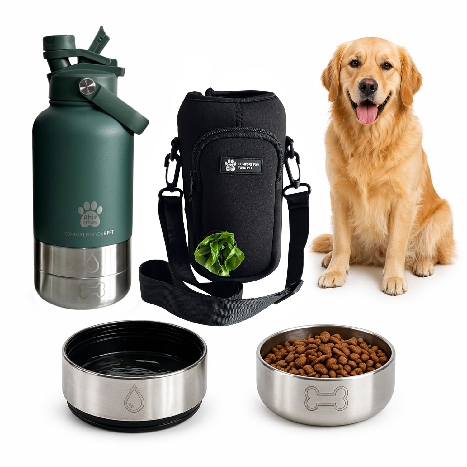 AHIZ 3-in-1 Dog Water Bottle with Carrier Bag, 32oz Portable Pet Water Dispenser with Dual-Purpose Lid & 2 Detachable Bowls, Leak-Resistant Travel Bottle for Dogs, Walking & Hiking (Moss Green)