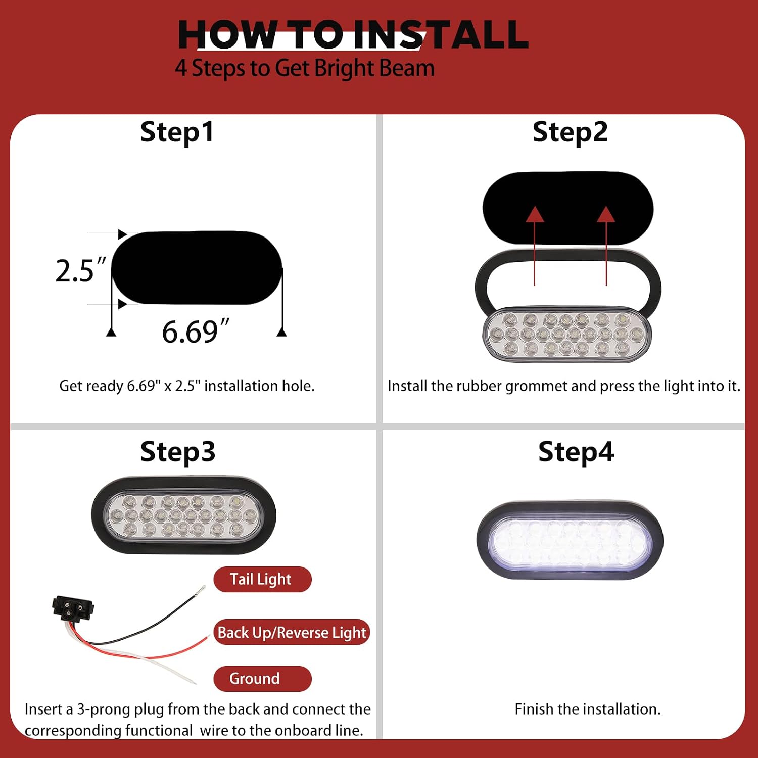 NEW SUN® 6" Oval Trailer Tail Lights, 24 LED Clear‑Lens Reverse Flush Mount image 4