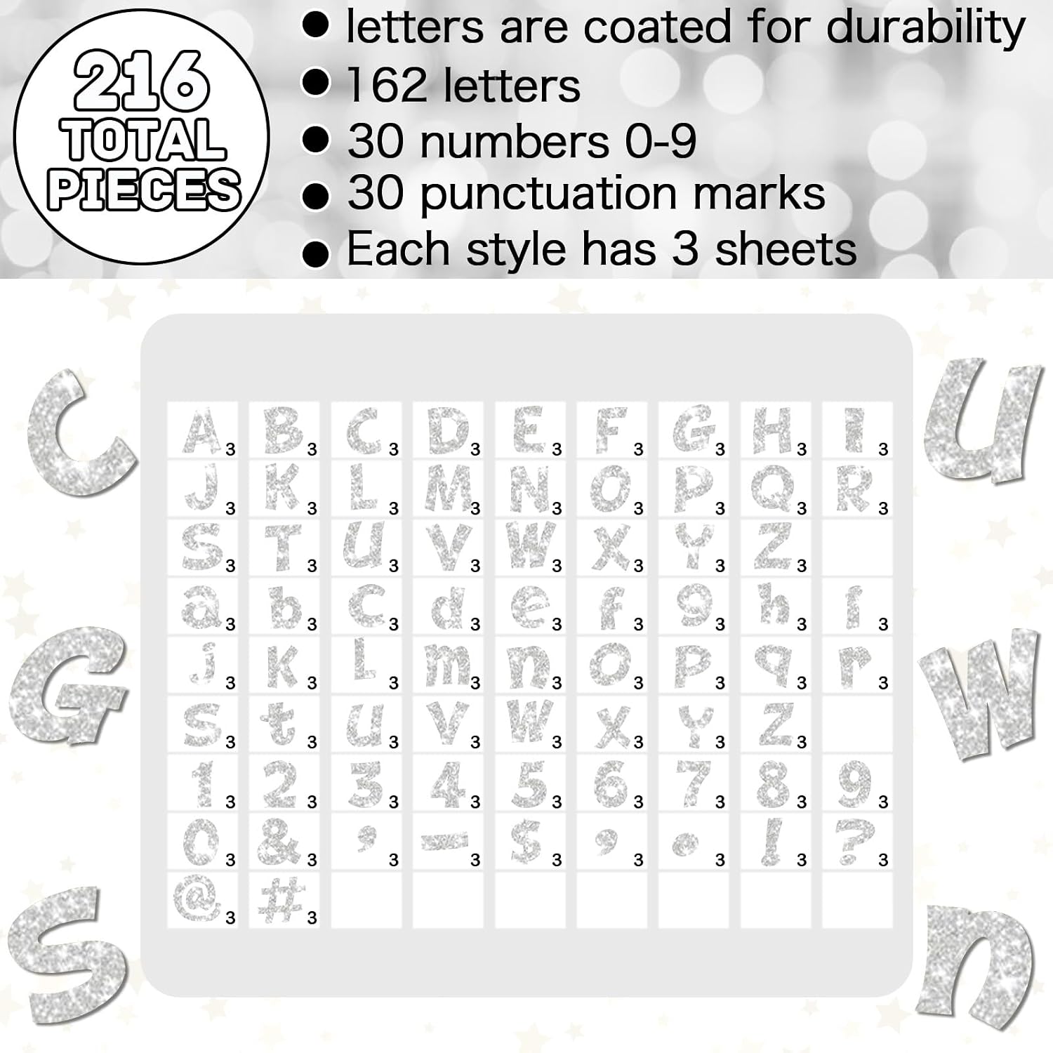 Colarr 216 Pcs Silver Glitter Bulletin Board Letters for Classroom Number Alphabet Punctuation Symbol Cutout 4'' Die-Cut Poster Letter with Adhesive Dot School Party Graduation Decor Display